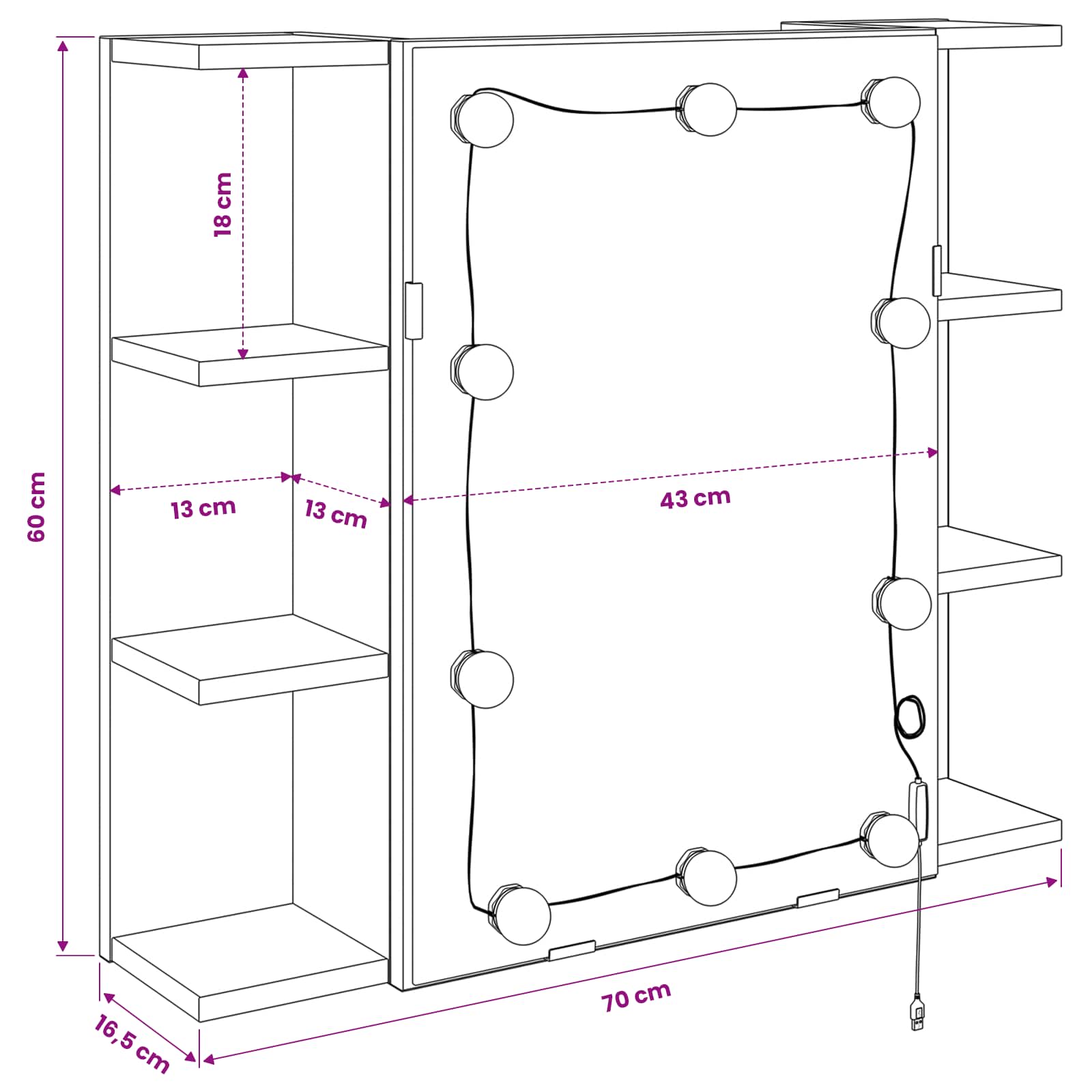 Spiegelschrank Schwarz Eichen-Optik 70 x 16,5 x 60 cm
