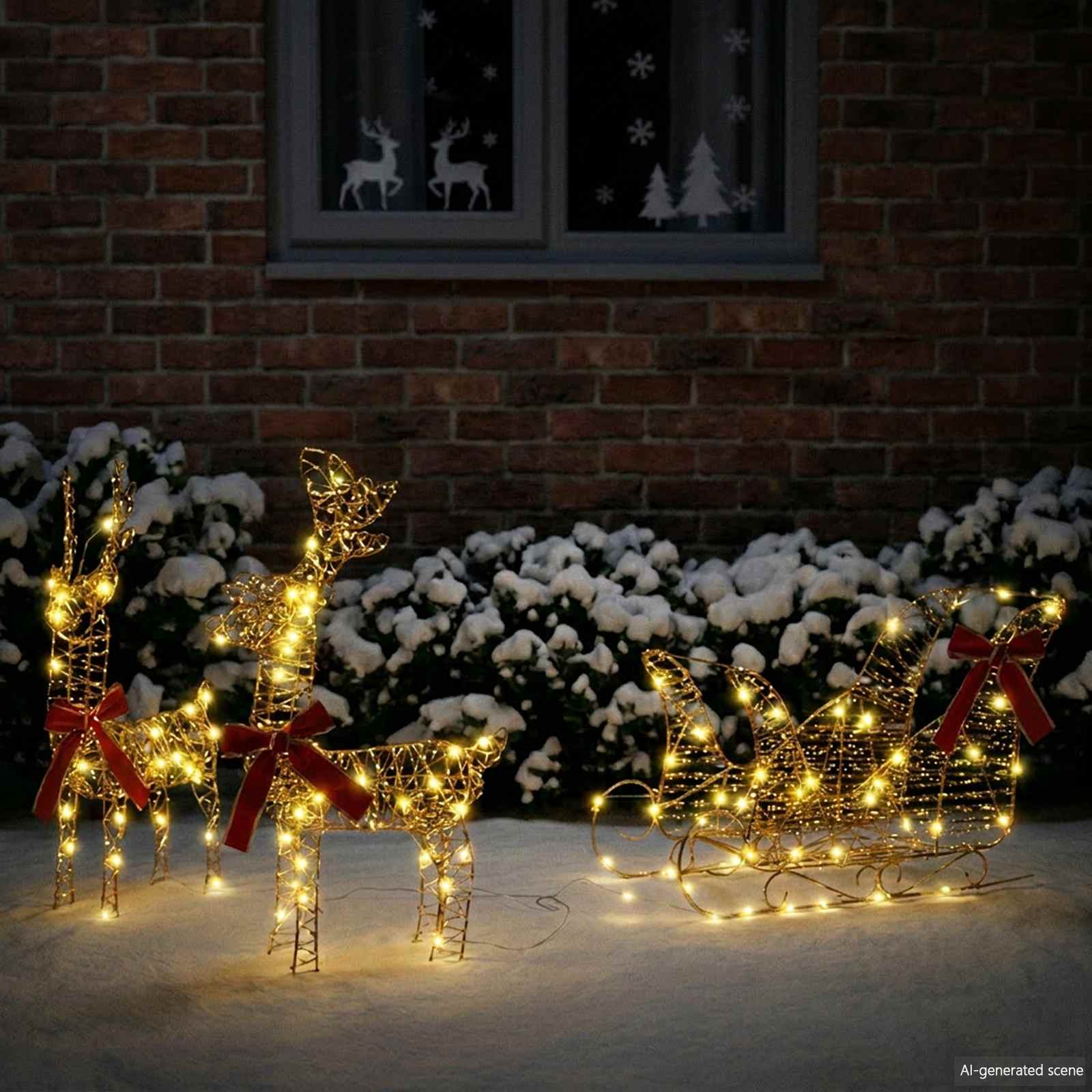Rentier Zieh Schlitten 160 LEDs Warmes Weiß 30 x 12 x 55 cm PET