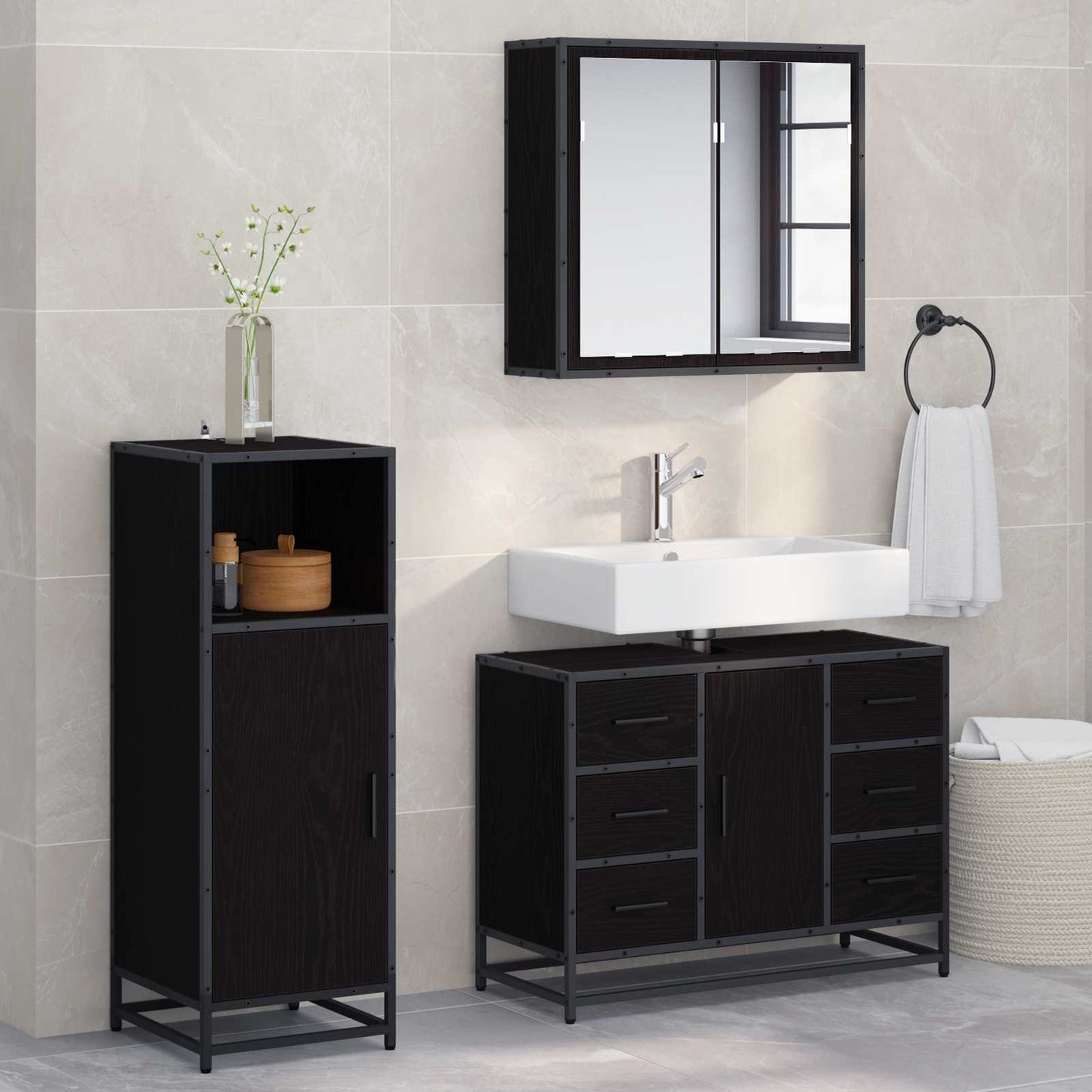 Badezimmermöbel-Set 3 stk. Schwarz Eichen-Optik 80 x 33 x 60 cm