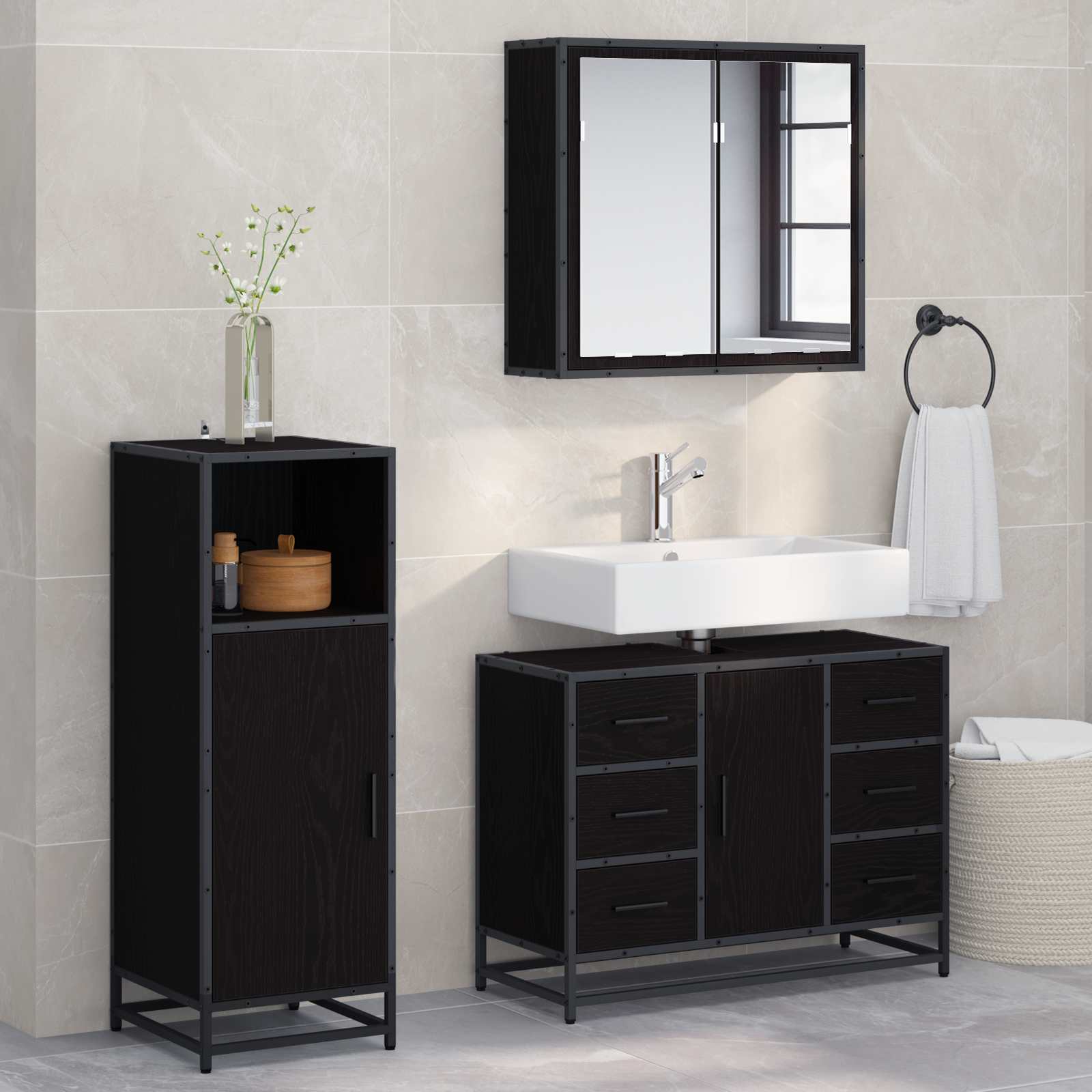 Badezimmermöbel-Set 3 stk. Schwarz Eichen-Optik 80 x 33 x 60 cm