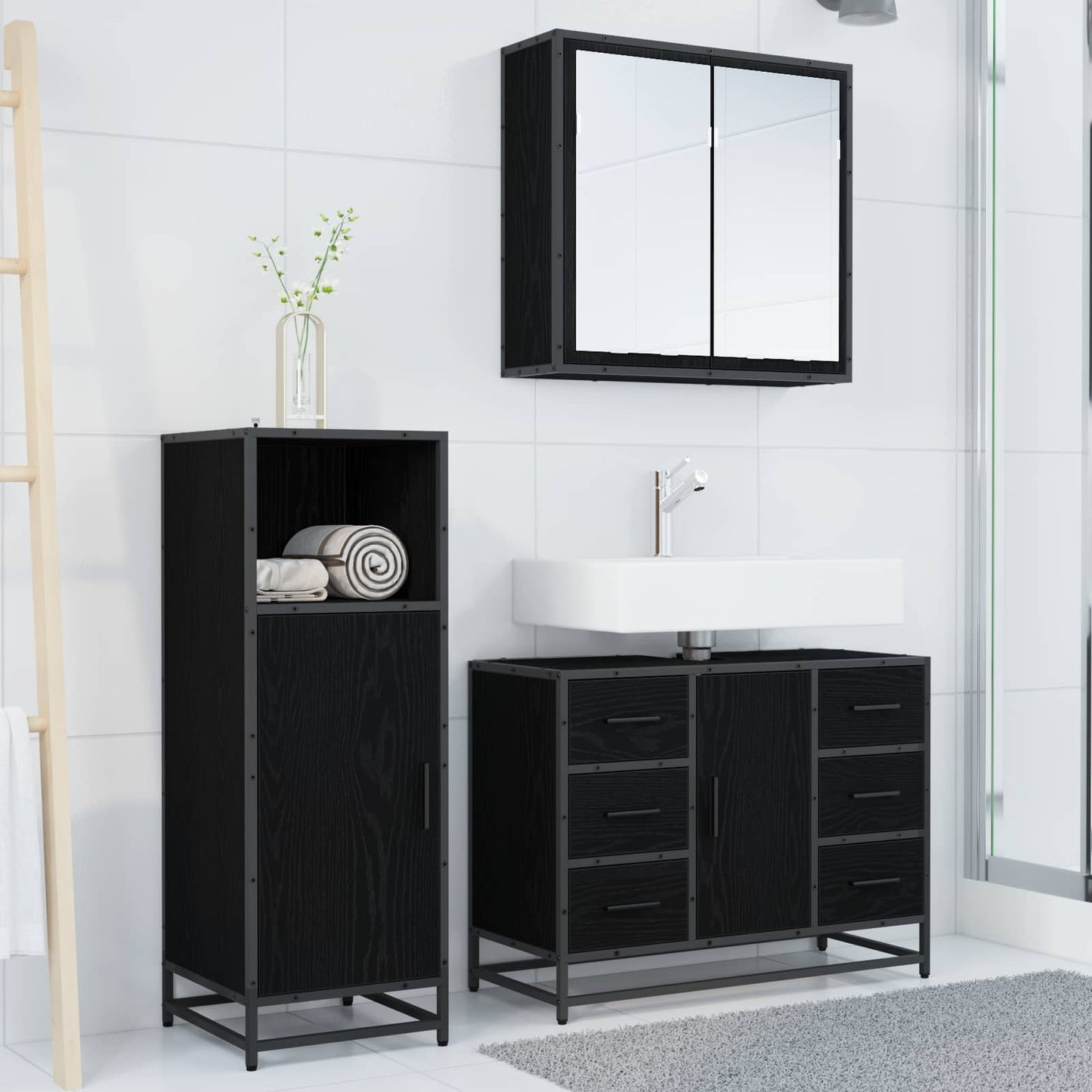 Badezimmermöbel-Set 3 stk. Schwarz Eichen-Optik 80 x 33 x 60 cm