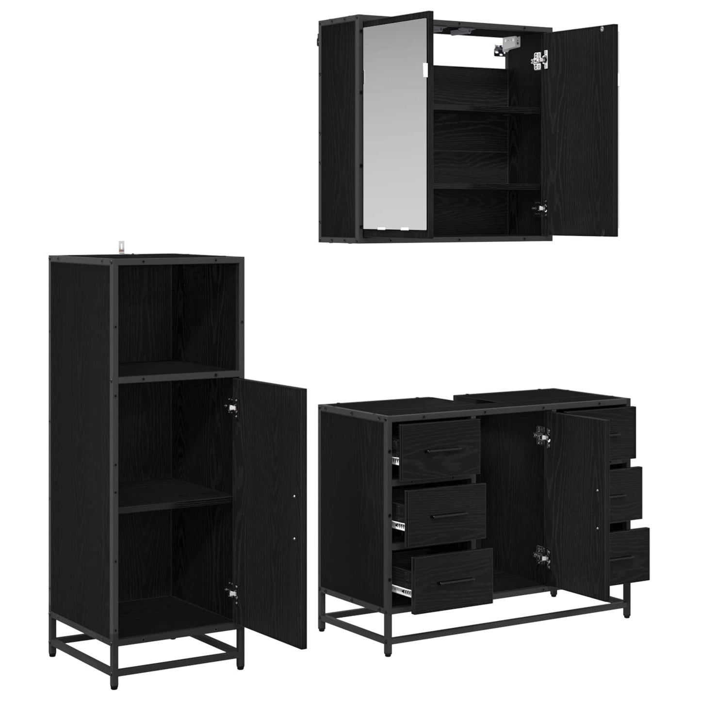 Badezimmermöbel-Set 3 stk. Schwarz Eichen-Optik 80 x 33 x 60 cm
