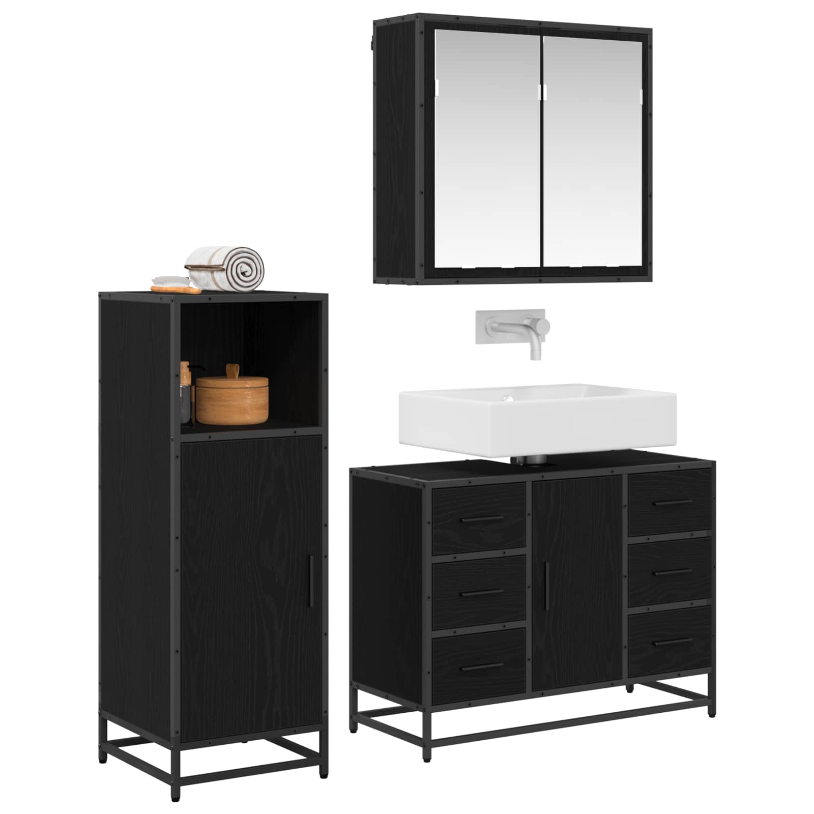 Badezimmermöbel-Set 3 stk. Schwarz Eichen-Optik 80 x 33 x 60 cm