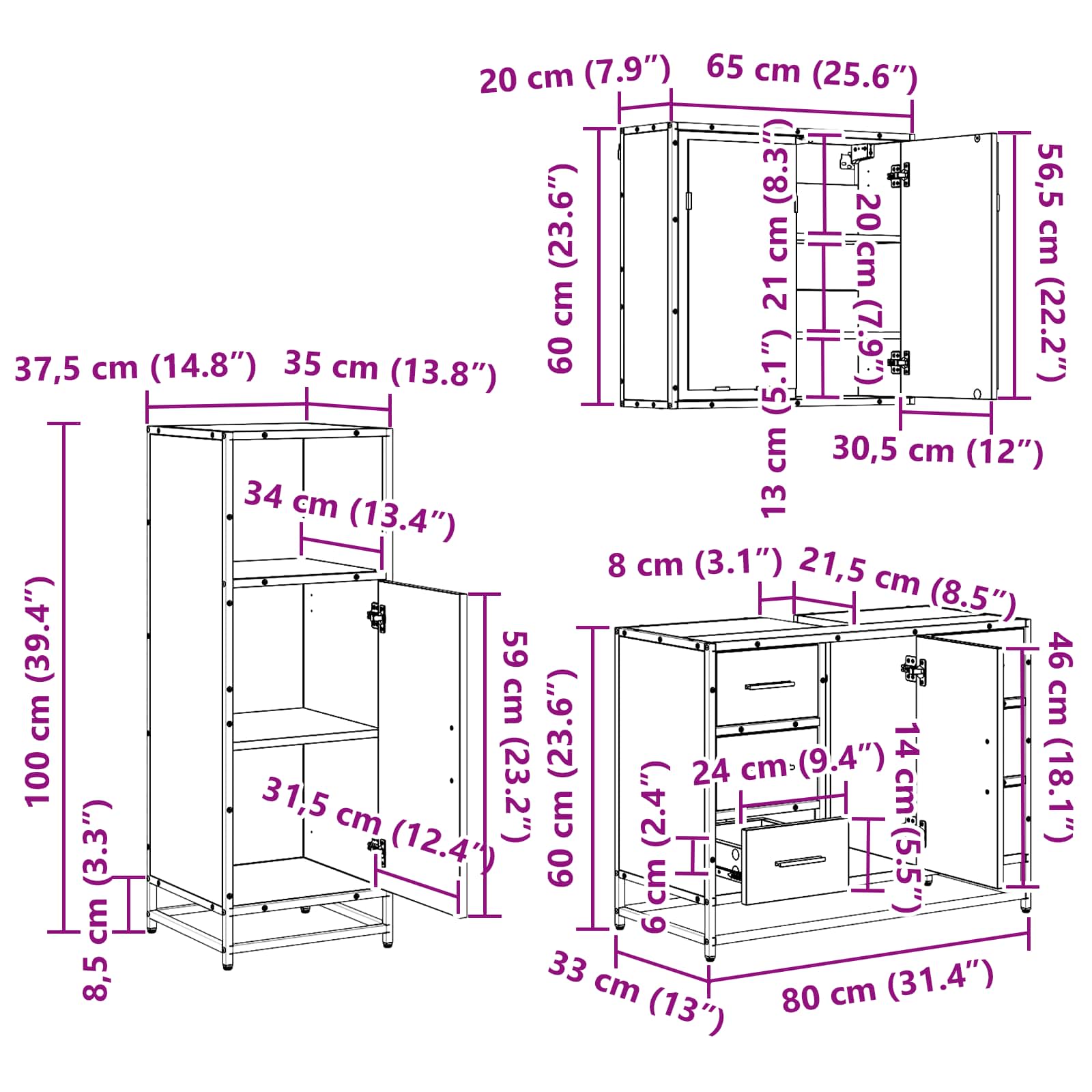 Badezimmermöbel-Set 3 stk. Schwarz Eichen-Optik 80 x 33 x 60 cm