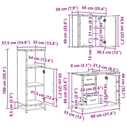 Badezimmermöbel-Set 3 stk. Schwarz Eichen-Optik 80 x 33 x 60 cm