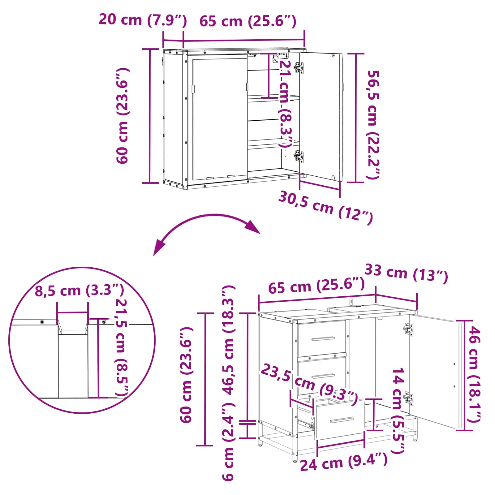 Badezimmermöbel-Set 2 stk. Altholz 65 x 33 x 60 cm