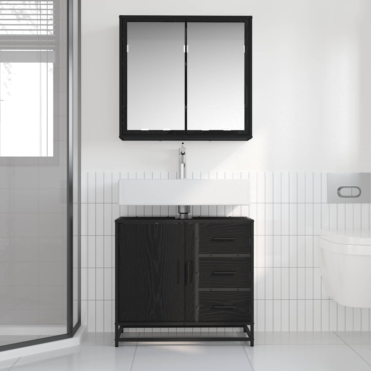 Badezimmermöbel Set 2 pcs Schwarz Eichen-Optik Holzwerkstoff