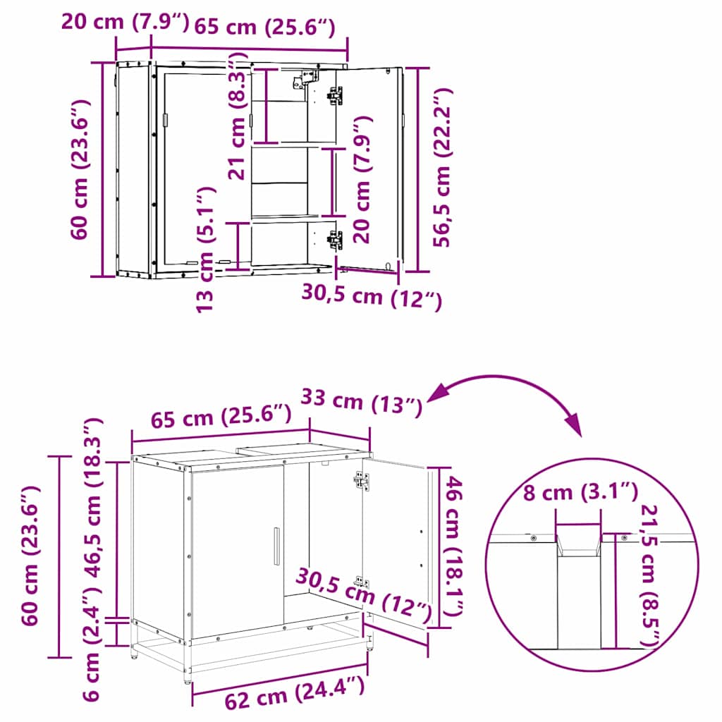 Badezimmermöbel-Set 3 stk. Schwarz Eichen-Optik 65 x 33 x 60 cm