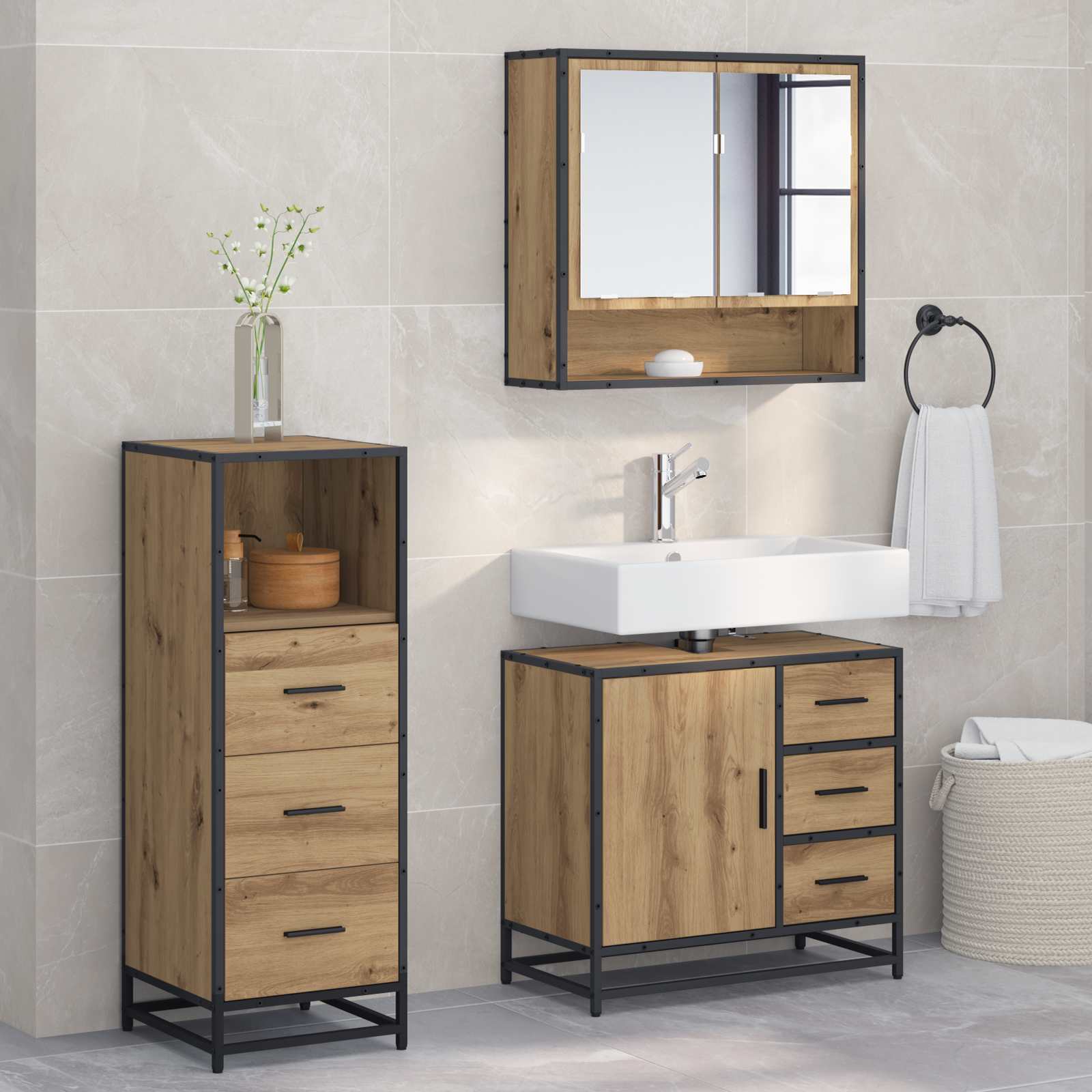 Badezimmermöbel-Set 3 Stk. Artisan-Eiche 65 x 33 x 60 cm