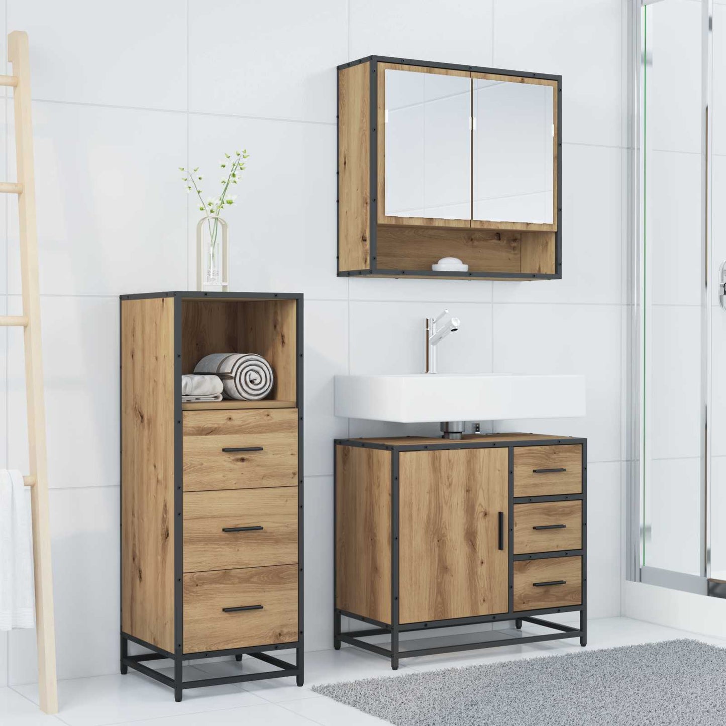 Badezimmermöbel-Set 3 Stk. Artisan-Eiche 65 x 33 x 60 cm