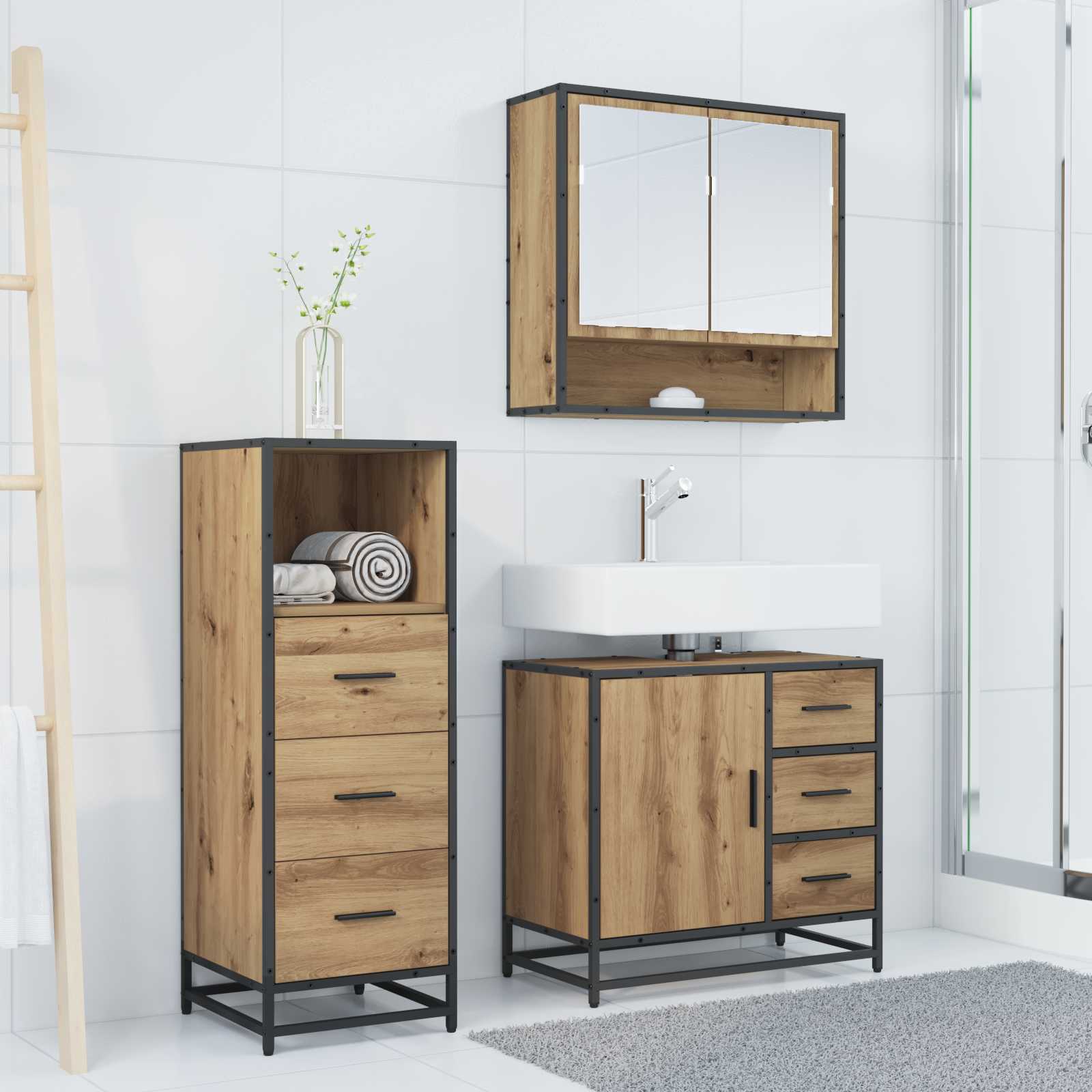 Badezimmermöbel-Set 3 Stk. Artisan-Eiche 65 x 33 x 60 cm