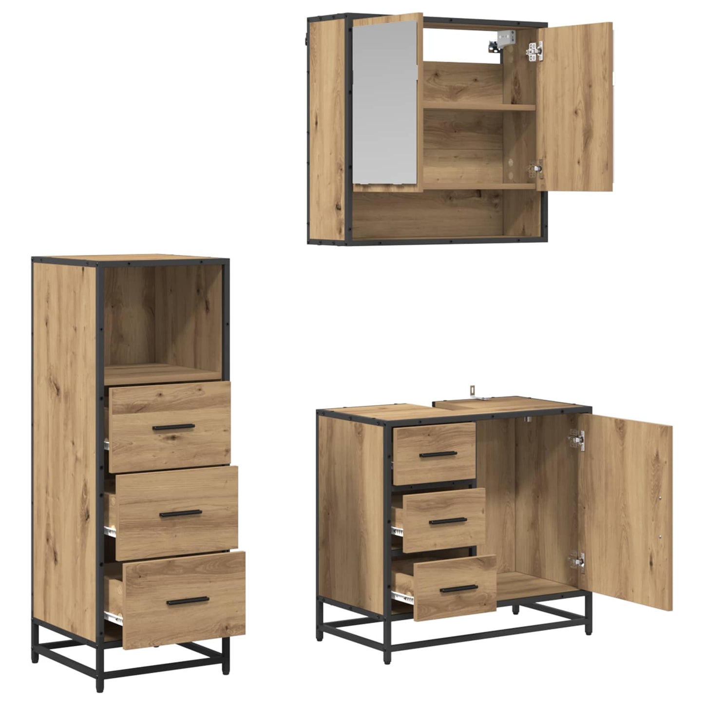 Badezimmermöbel-Set 3 Stk. Artisan-Eiche 65 x 33 x 60 cm