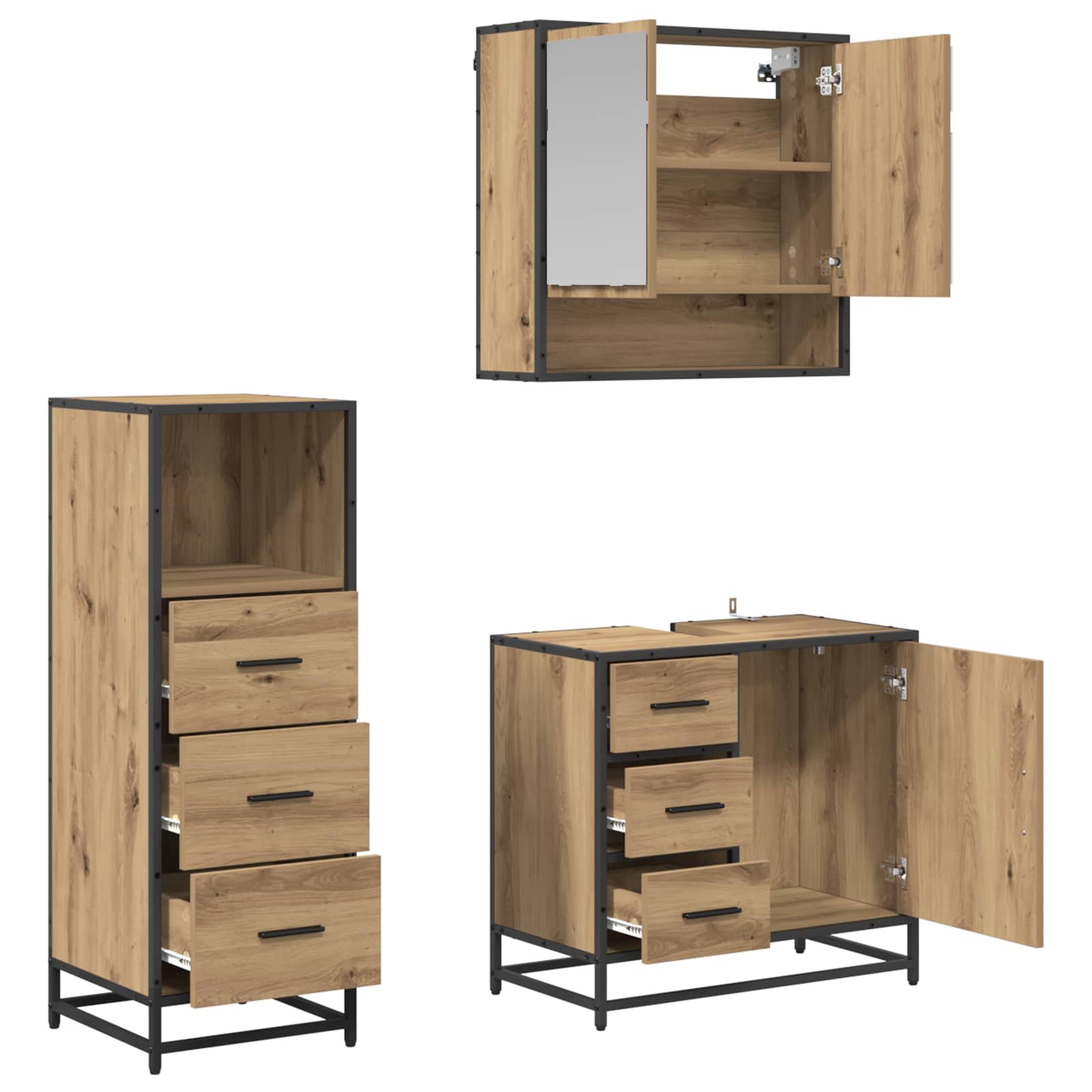 Badezimmermöbel-Set 3 Stk. Artisan-Eiche 65 x 33 x 60 cm