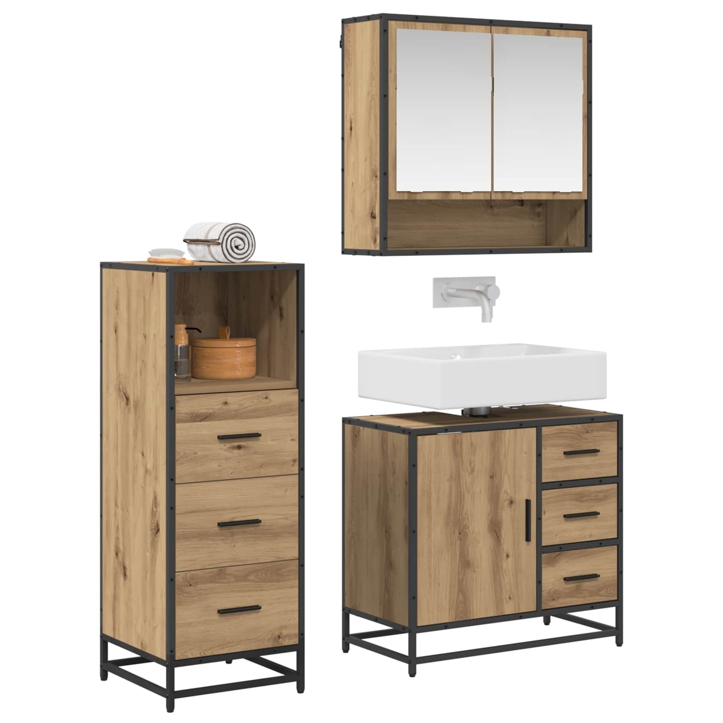 Badezimmermöbel-Set 3 Stk. Artisan-Eiche 65 x 33 x 60 cm