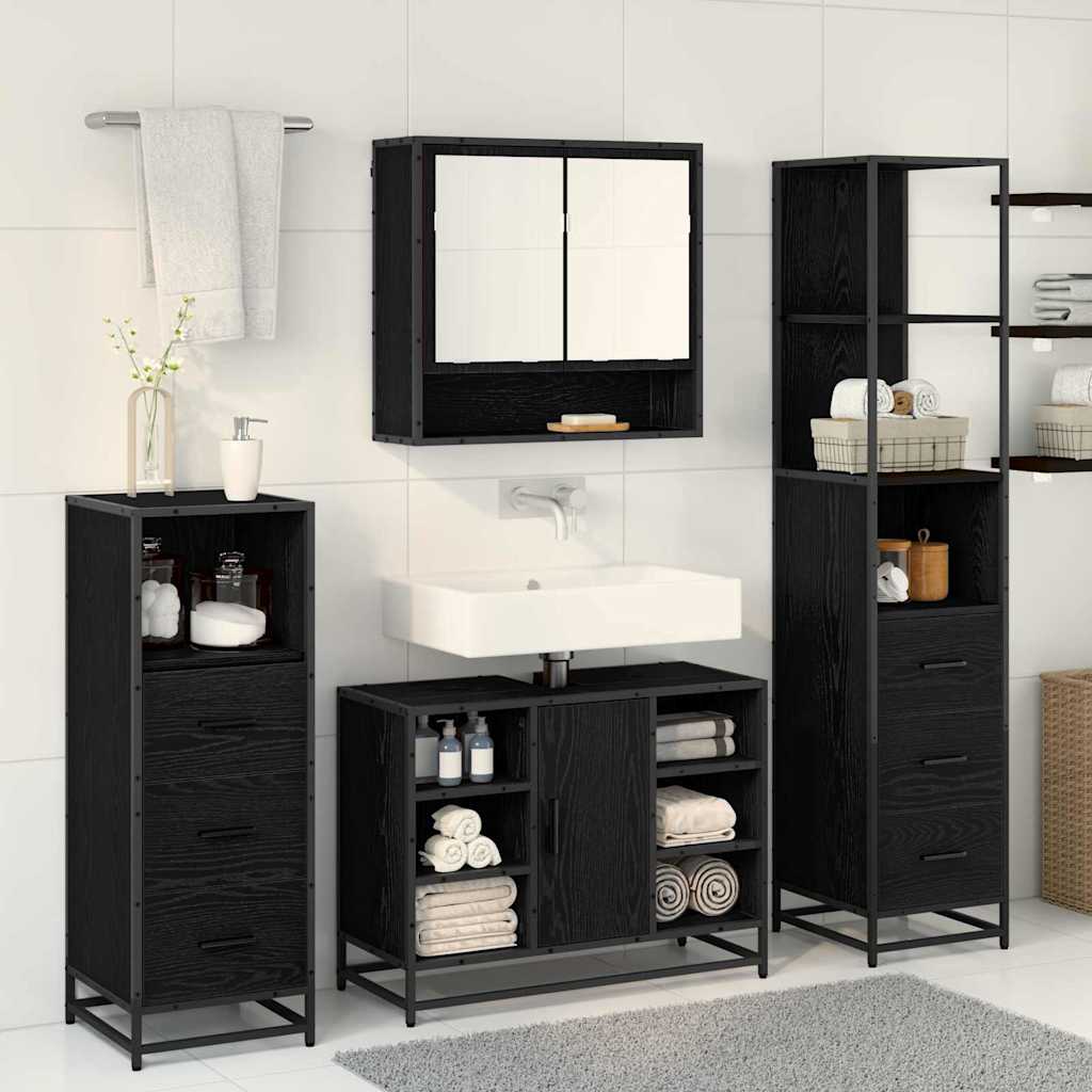 Badezimmermöbel-Set 4 pcs Schwarz Eichen-Optik Holzwerkstoff