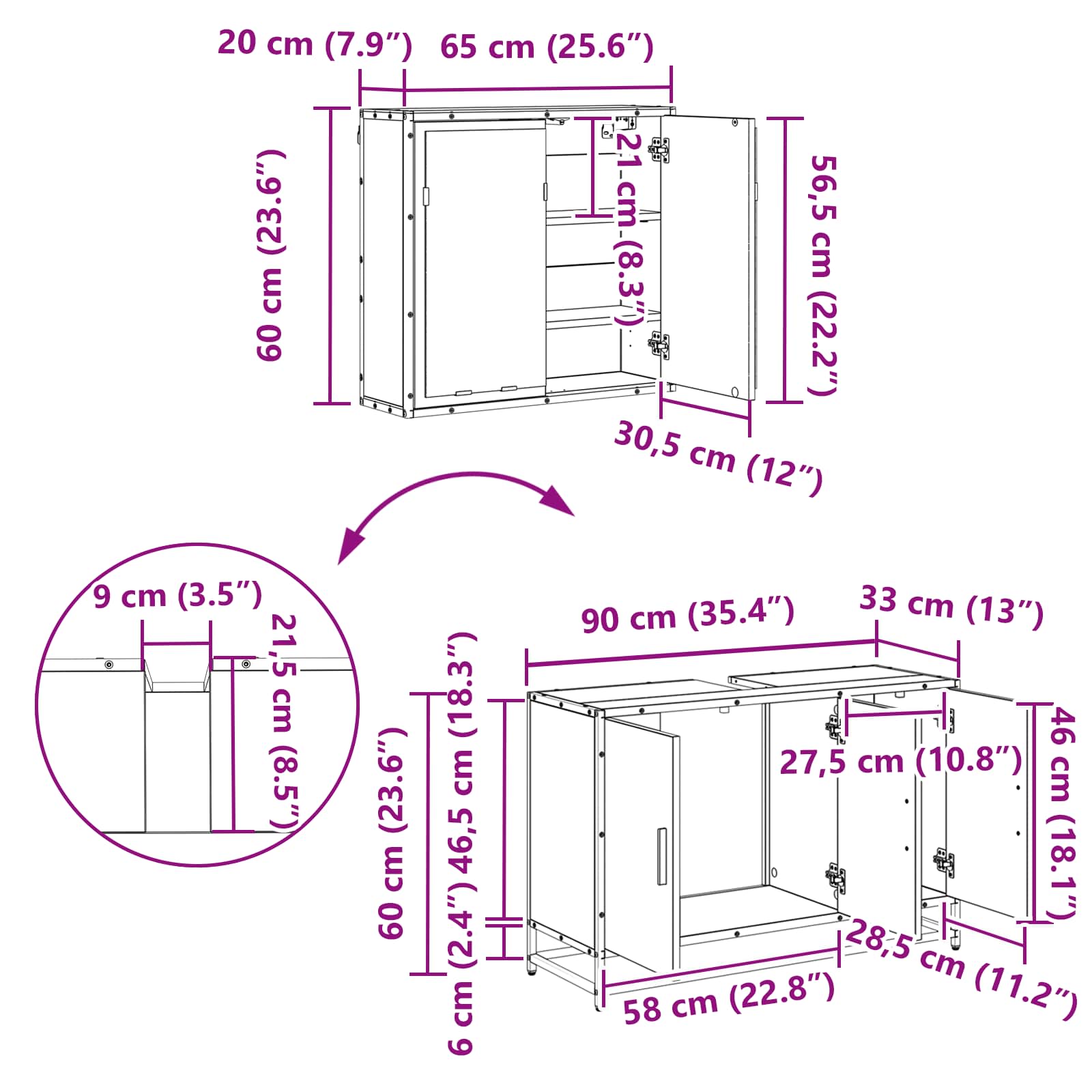 Badezimmermöbel-Set 2 stk. Schwarz Eichen-Optik 90 x 33 x 60 cm