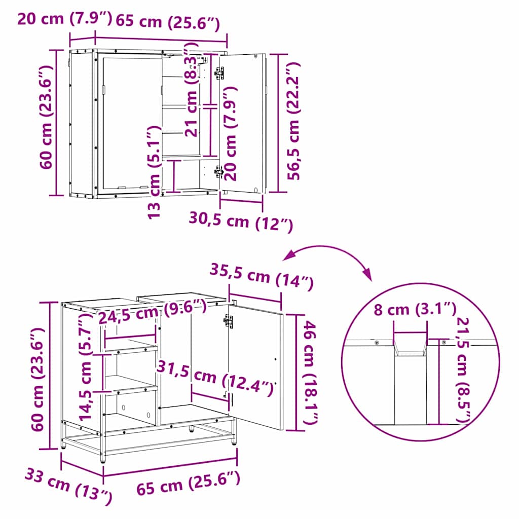 Badezimmermöbel-Set 3 stk. Schwarz Eichen-Optik 65 x 33 x 60 cm
