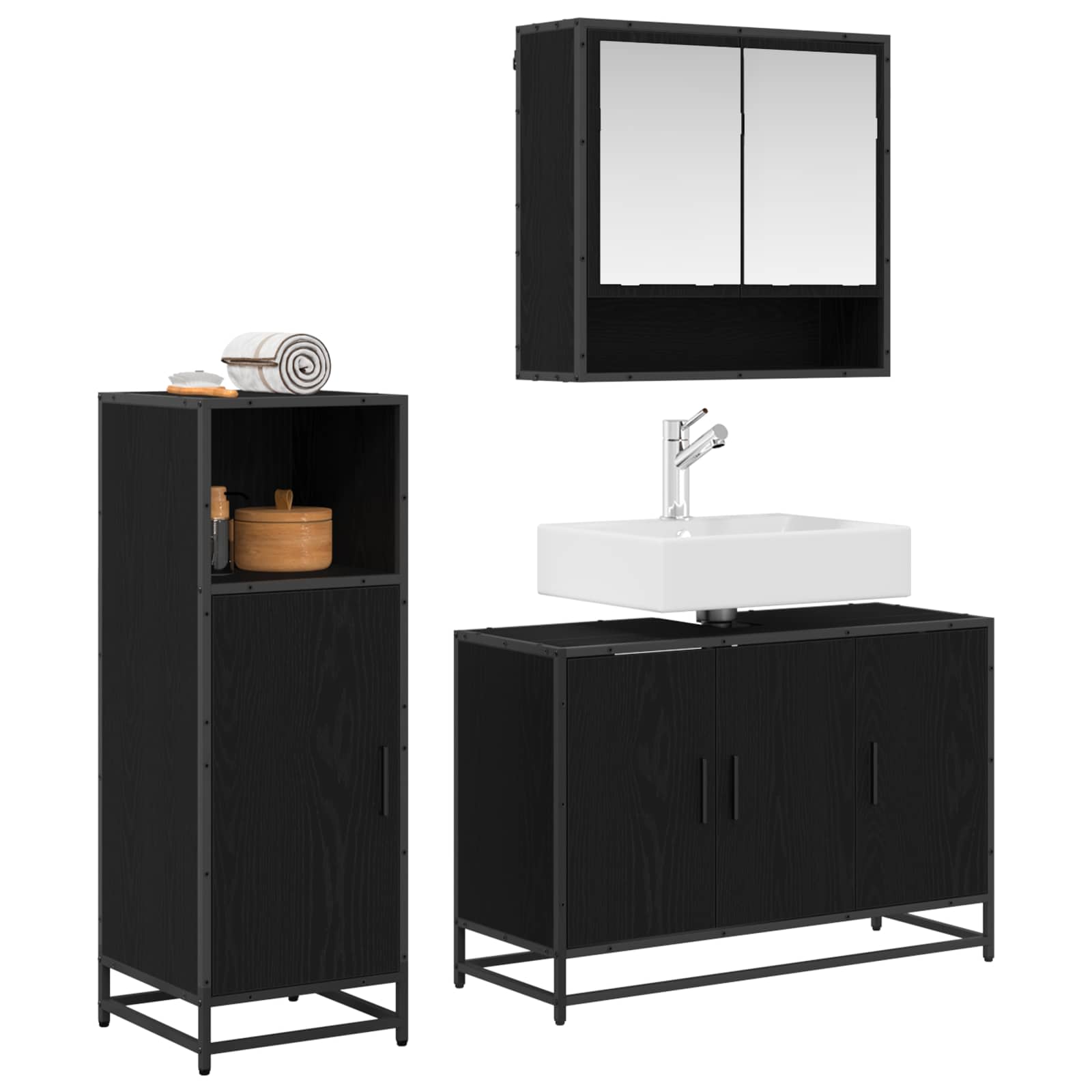 Badezimmermöbel-Set 3 pcs Schwarz Eichen-Optik Holzwerkstoff