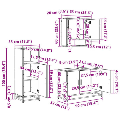 Badezimmermöbel-Set 3 stk. Schwarz Eichen-Optik 90 x 33 x 60 cm