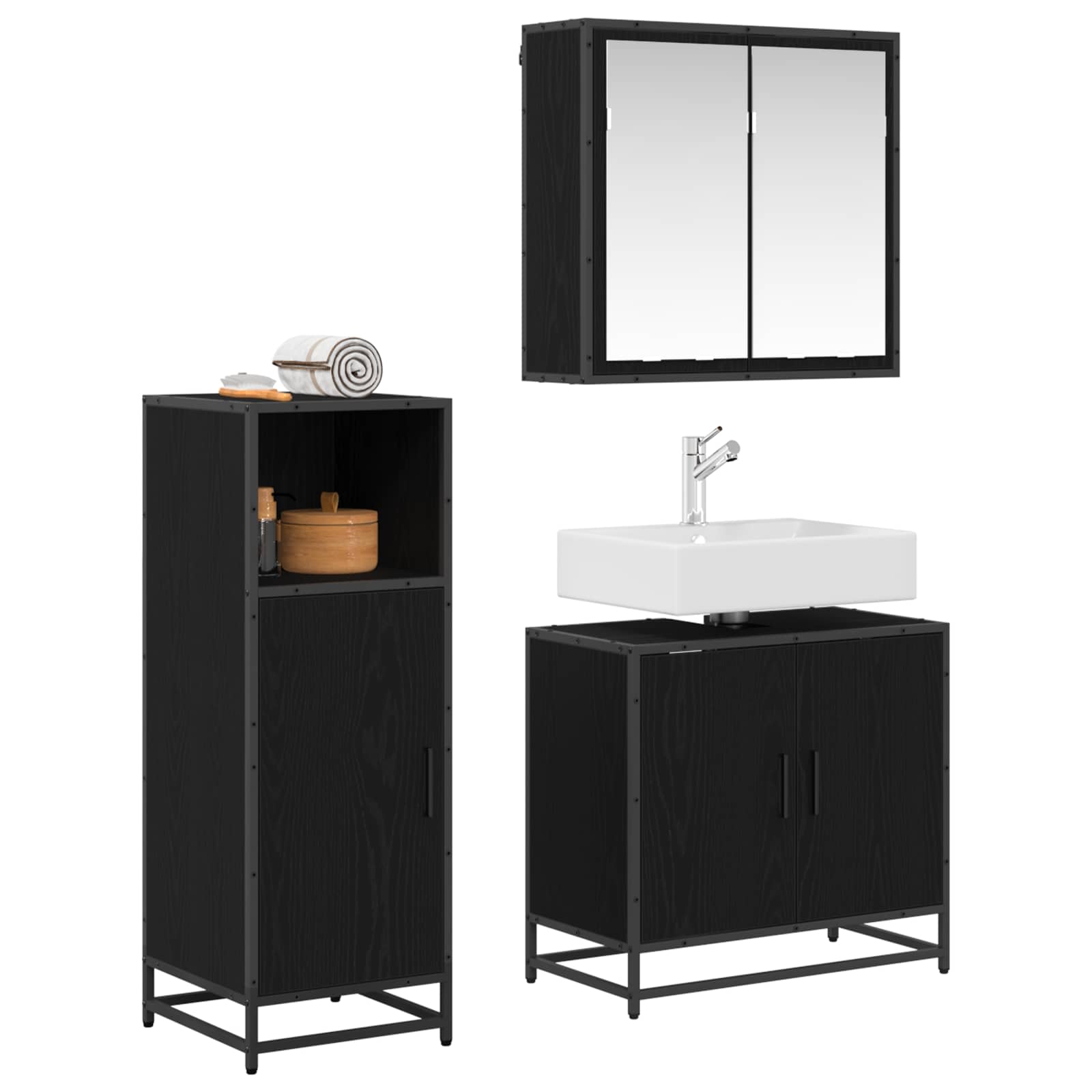 Badezimmermöbel-Set 3 stk. Schwarz Eichen-Optik 60 x 33 x 60 cm