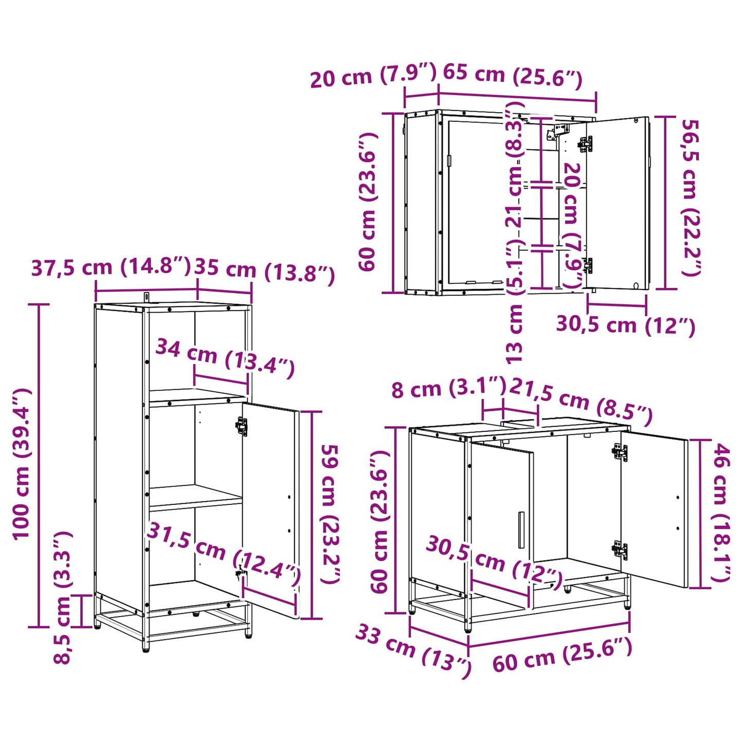 Badezimmermöbel-Set 3 stk. Schwarz Eichen-Optik 60 x 33 x 60 cm