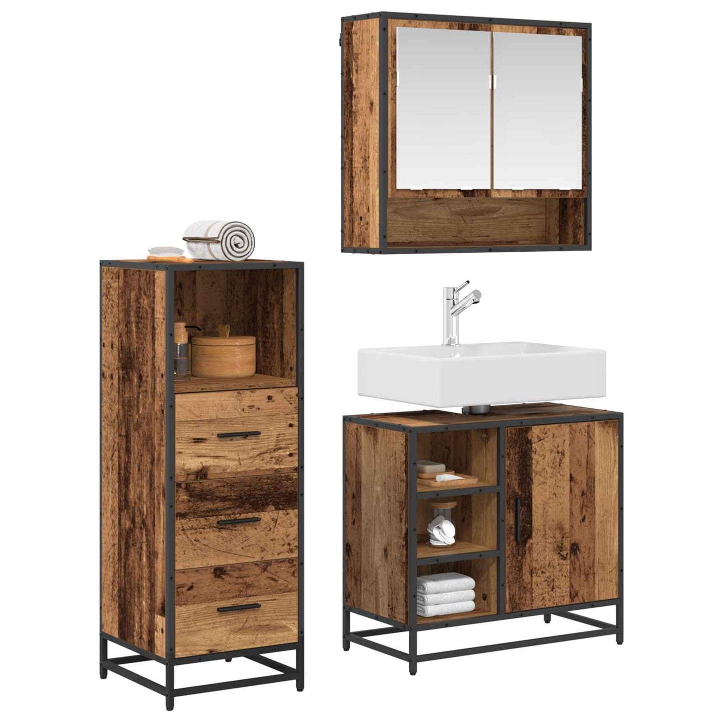 Badezimmermöbel-Set 3 stk. Altholz 65 x 33 x 60 cm