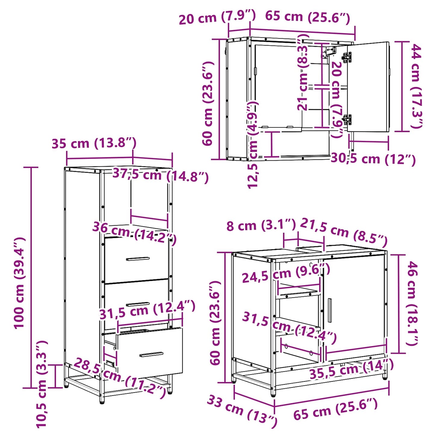 Badezimmermöbel-Set 3 stk. Altholz 65 x 33 x 60 cm