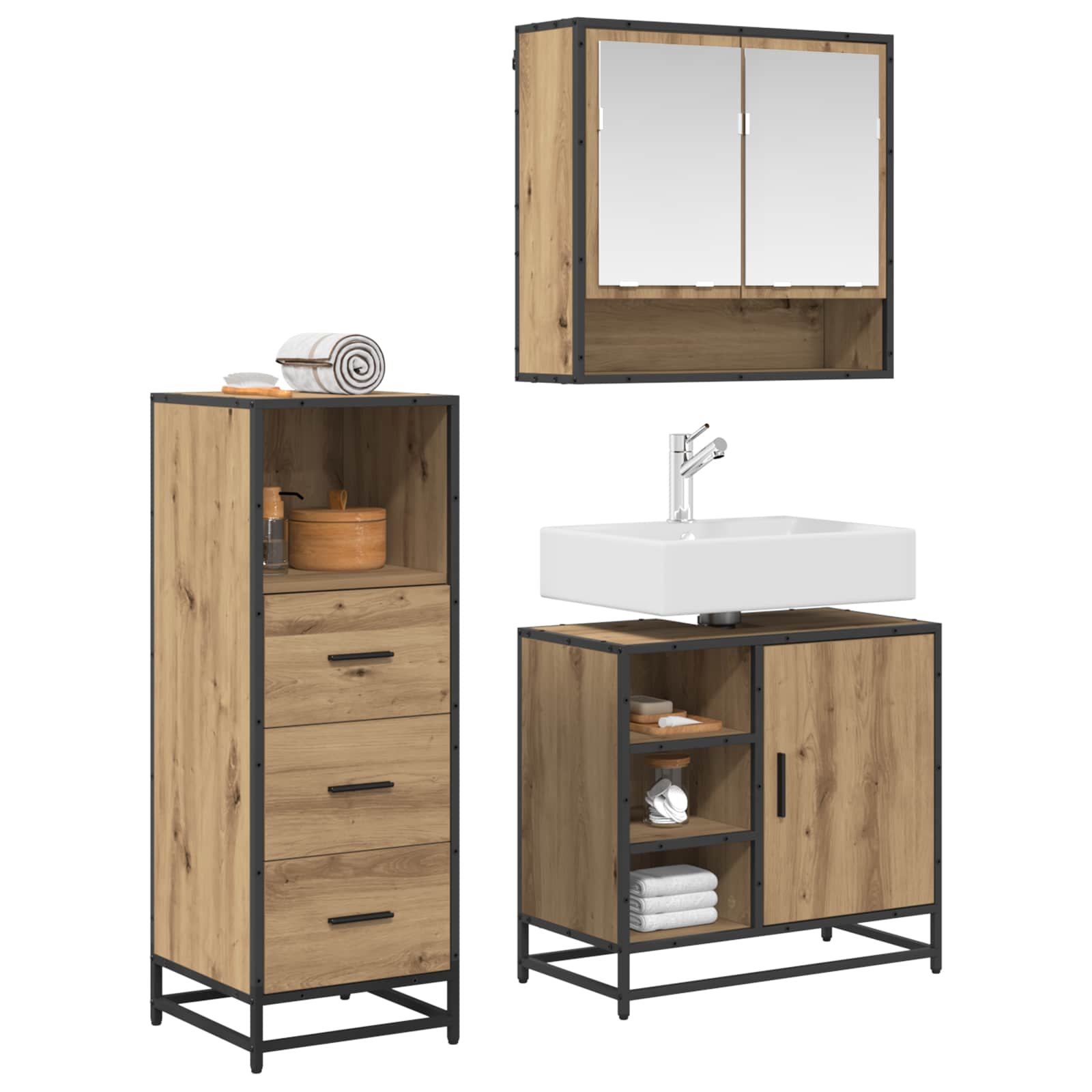 Badezimmermöbel-Set 3 stk. Artisan-Eiche 65 x 33 x 60 cm