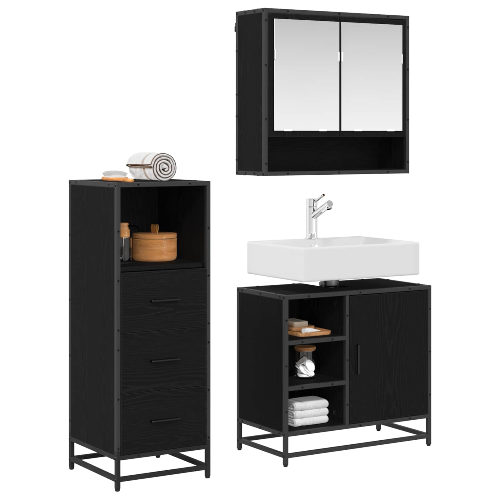 Badezimmermöbel-Set 3 pcs Schwarz Eichen-Optik Holzwerkstoff