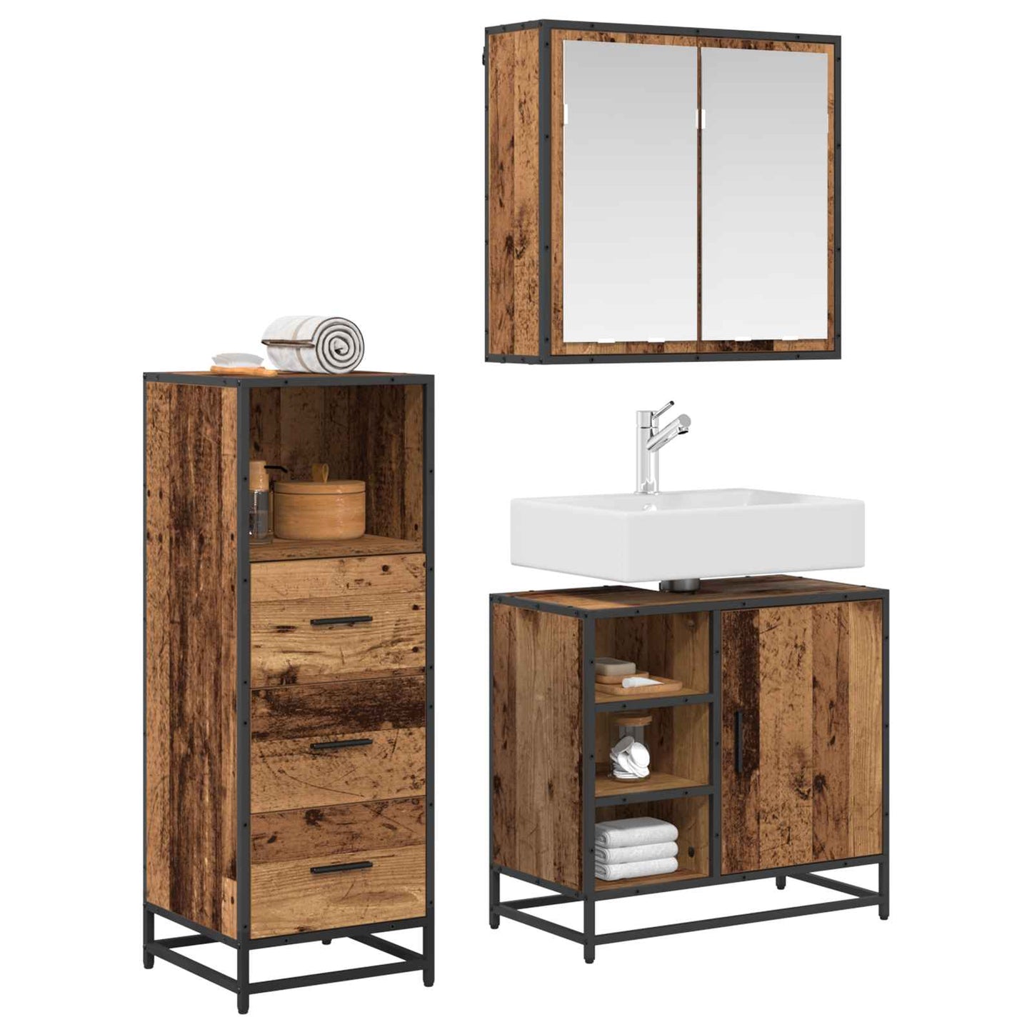 Badezimmermöbel-Set mit Schubladen 3 pcs Altholz Holzwerkstoff