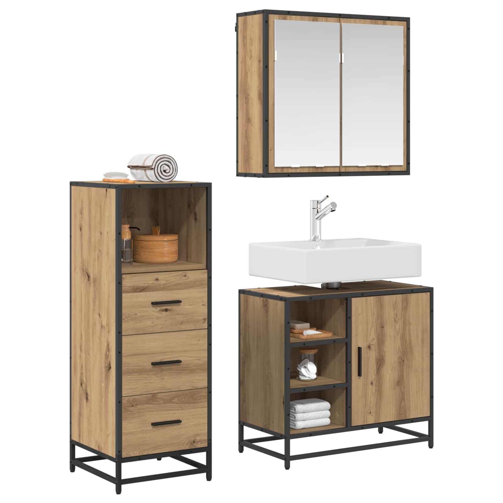 Badezimmermöbel-Set 3 Stk. Artisan-Eiche 65 x 33 x 60 cm