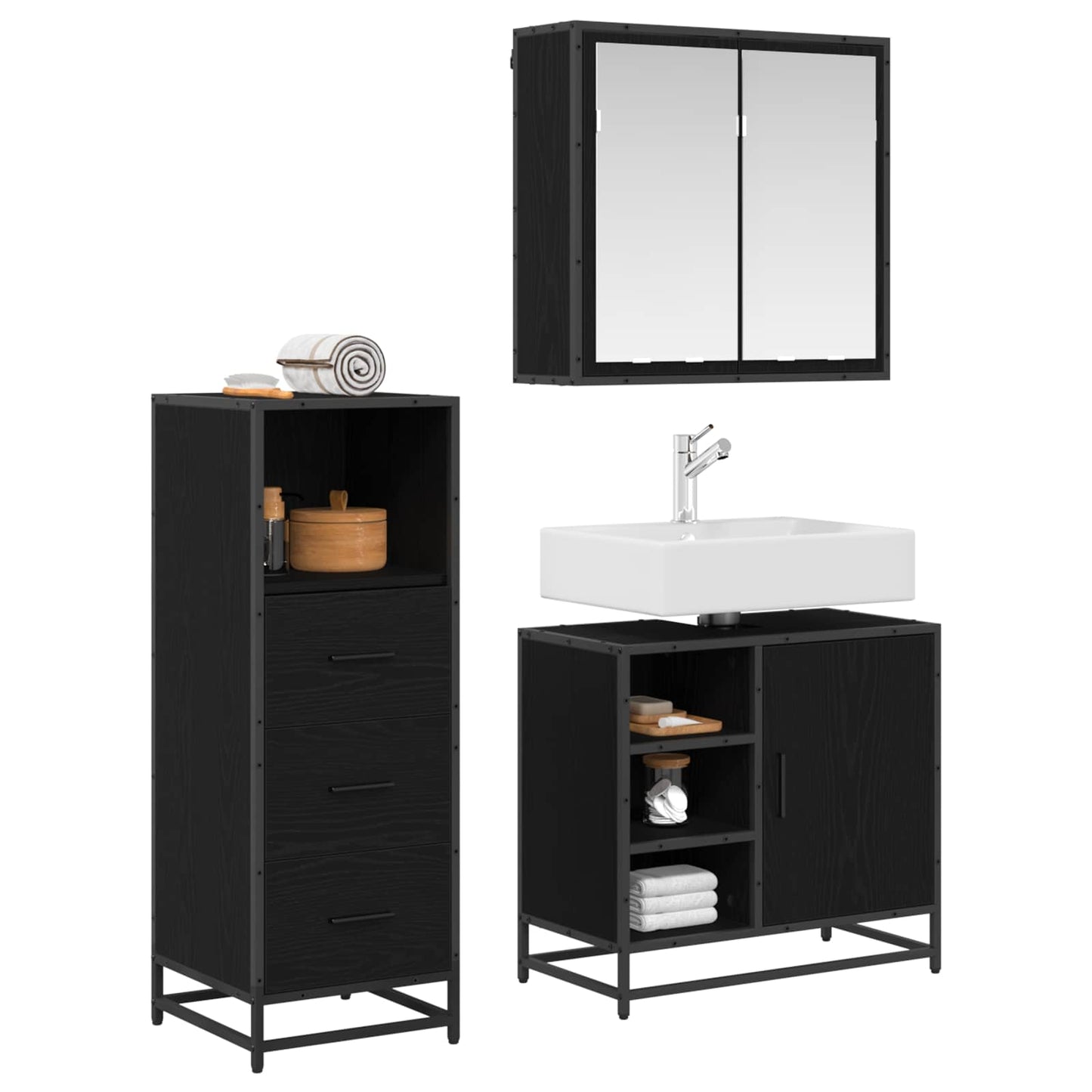 Badezimmermöbel-Set 3 stk. Schwarz Eichen-Optik 65 x 33 x 60 cm