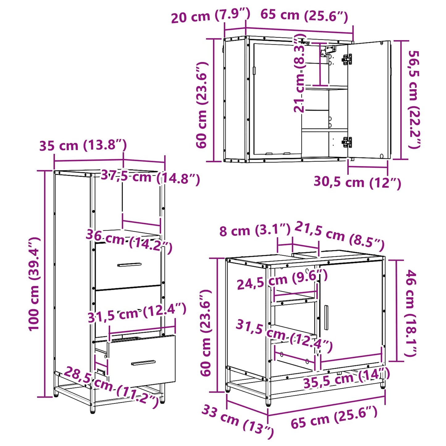 Badezimmermöbel-Set 3 stk. Schwarz Eichen-Optik 65 x 33 x 60 cm