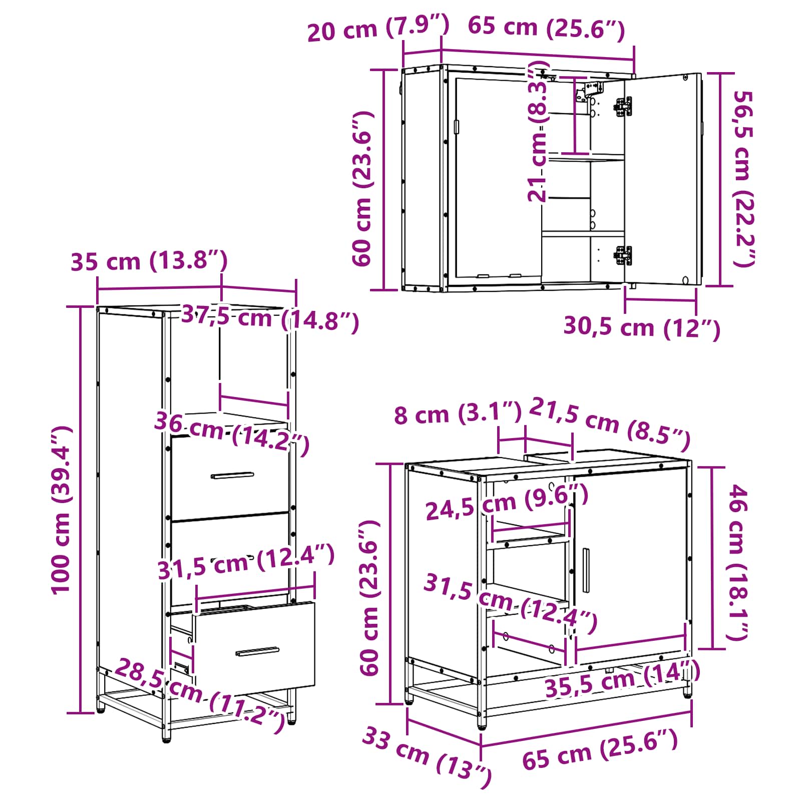 Badezimmermöbel-Set 3 stk. Schwarz Eichen-Optik 65 x 33 x 60 cm