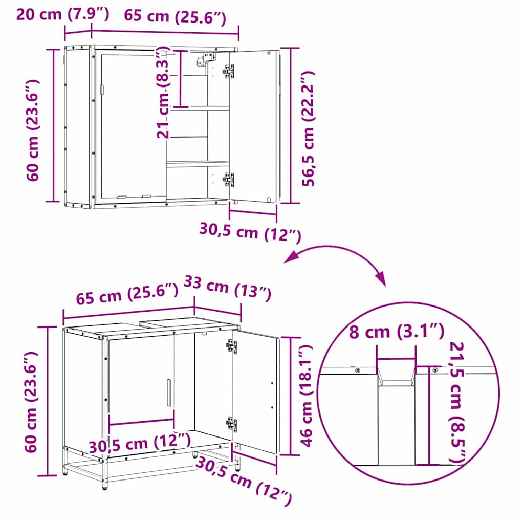 Badezimmermöbel-Set 4 stk. Schwarz Eichen-Optik 65 x 33 x 60 cm