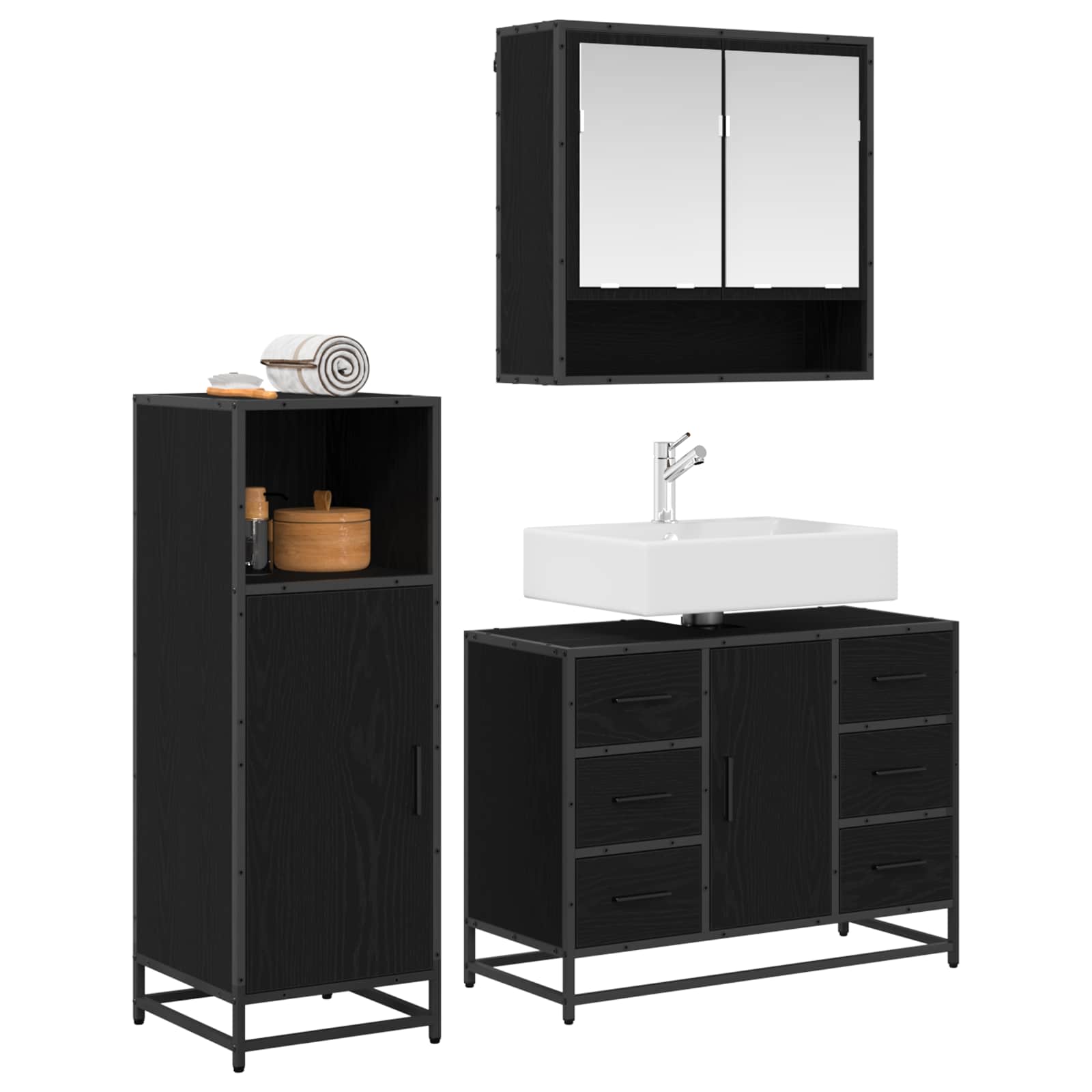 Badezimmermöbel-Set 3 stk. Schwarz Eichen-Optik 80 x 33 x 60 cm