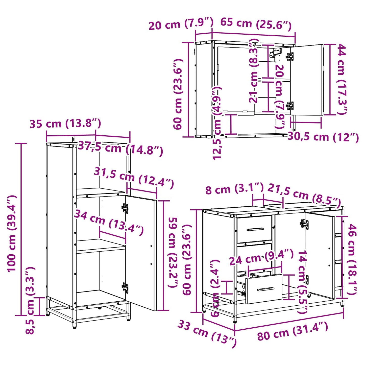 Badezimmermöbel-Set 3 stk. Schwarz Eichen-Optik 80 x 33 x 60 cm