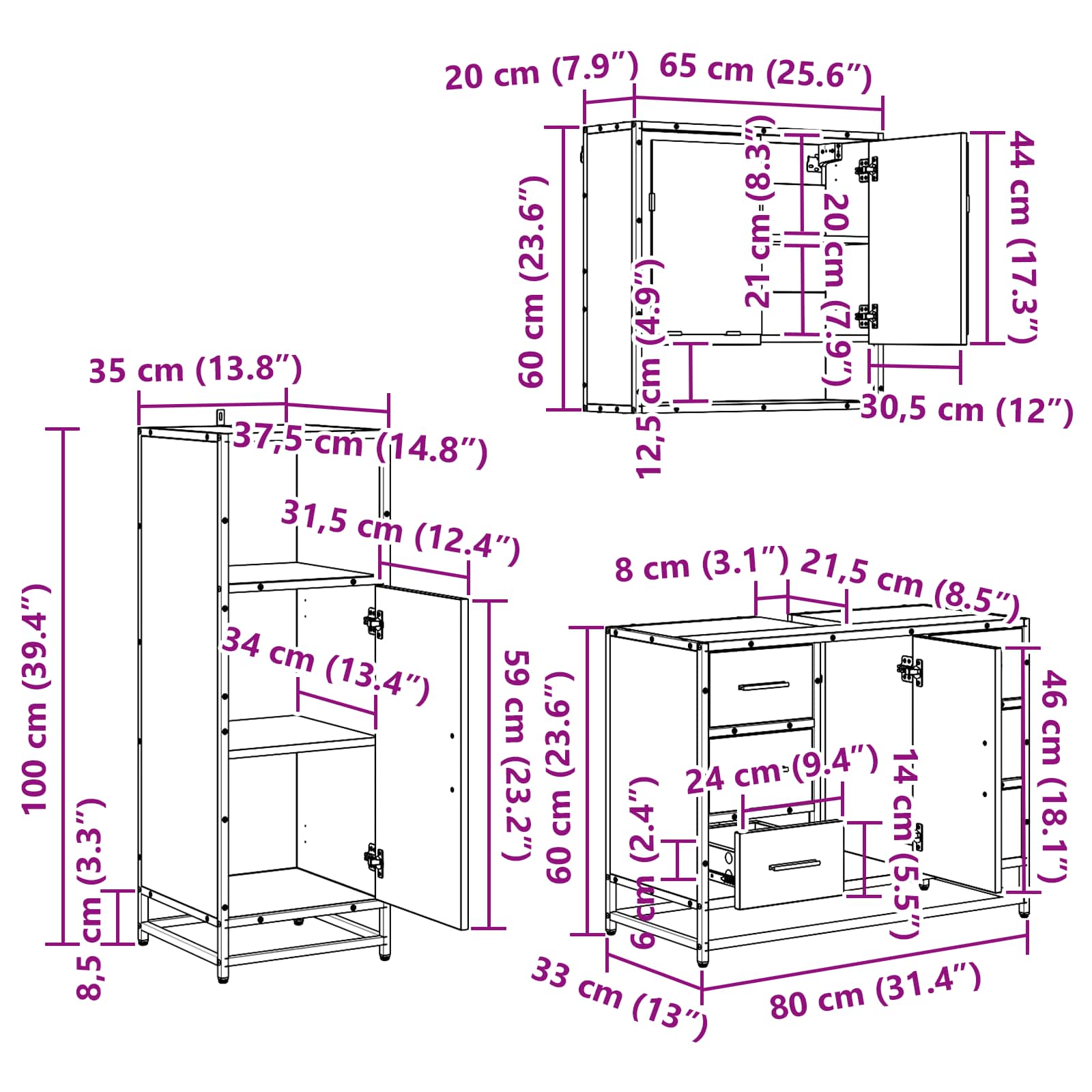 Badezimmermöbel-Set 3 stk. Schwarz Eichen-Optik 80 x 33 x 60 cm