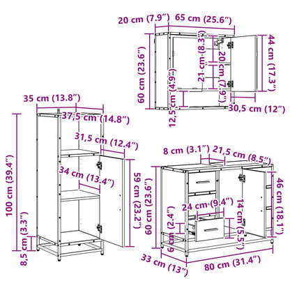 Badezimmermöbel-Set 3 stk. Schwarz Eichen-Optik 80 x 33 x 60 cm