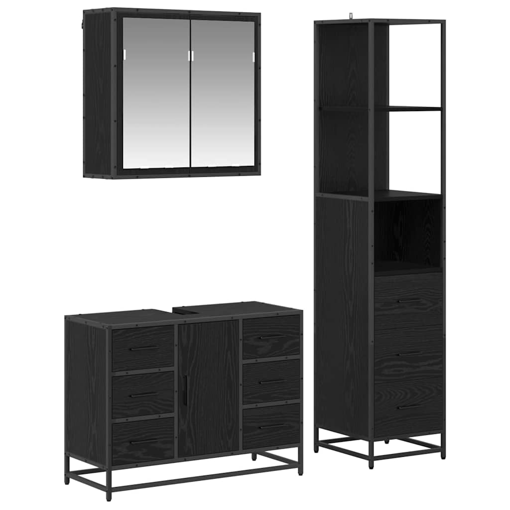 Badezimmermöbel-Set 3 pcs Schwarz Eichen-Optik Holzwerkstoff