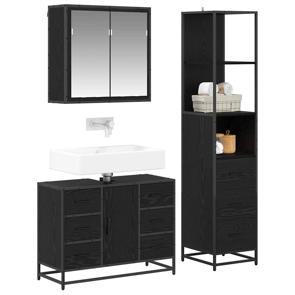 Badezimmermöbel-Set 3 stk. Schwarz Eichen-Optik 80 x 33 x 60 cm
