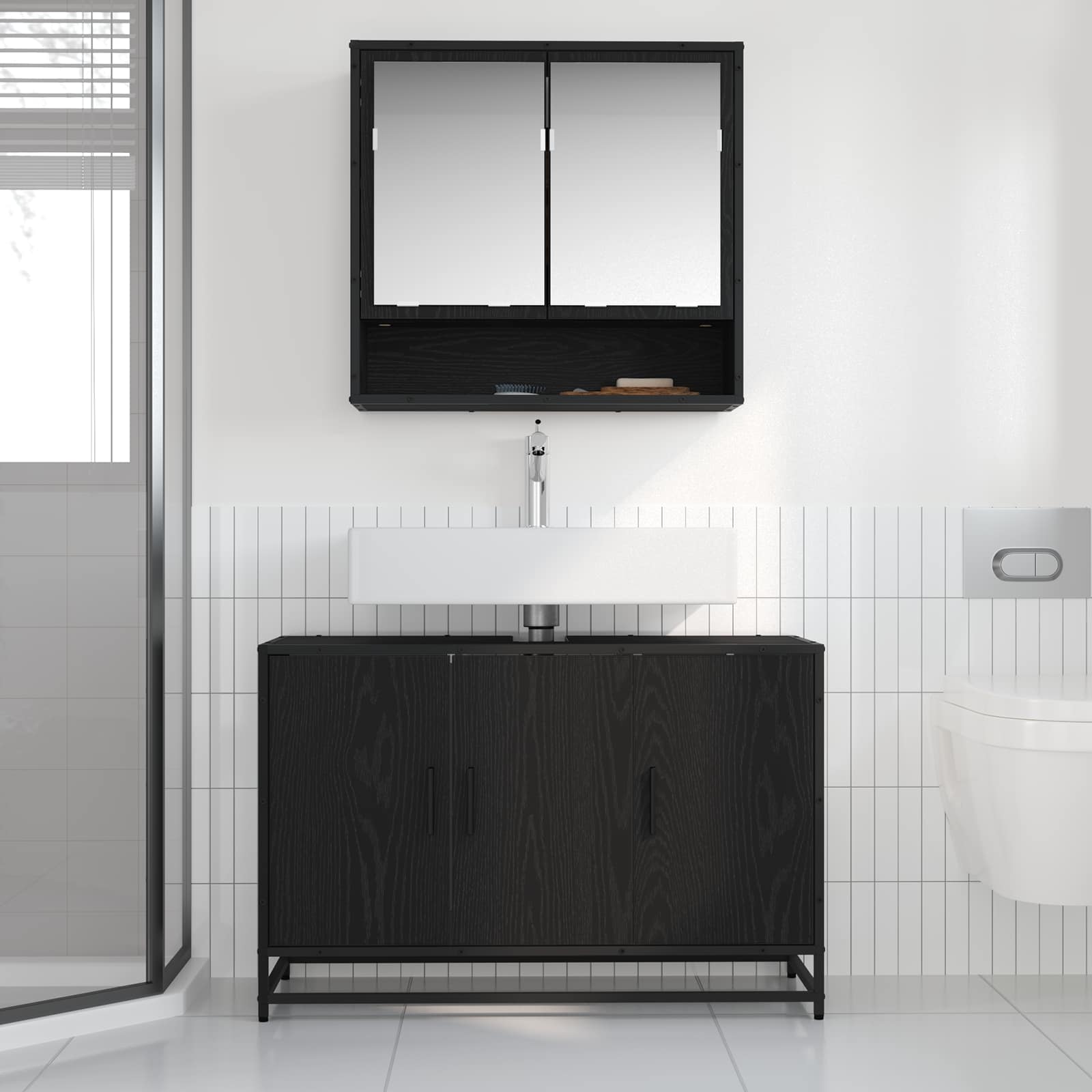 Badezimmermöbel-Set 2 stk. Schwarz Eichen-Optik 90 x 33 x 60 cm