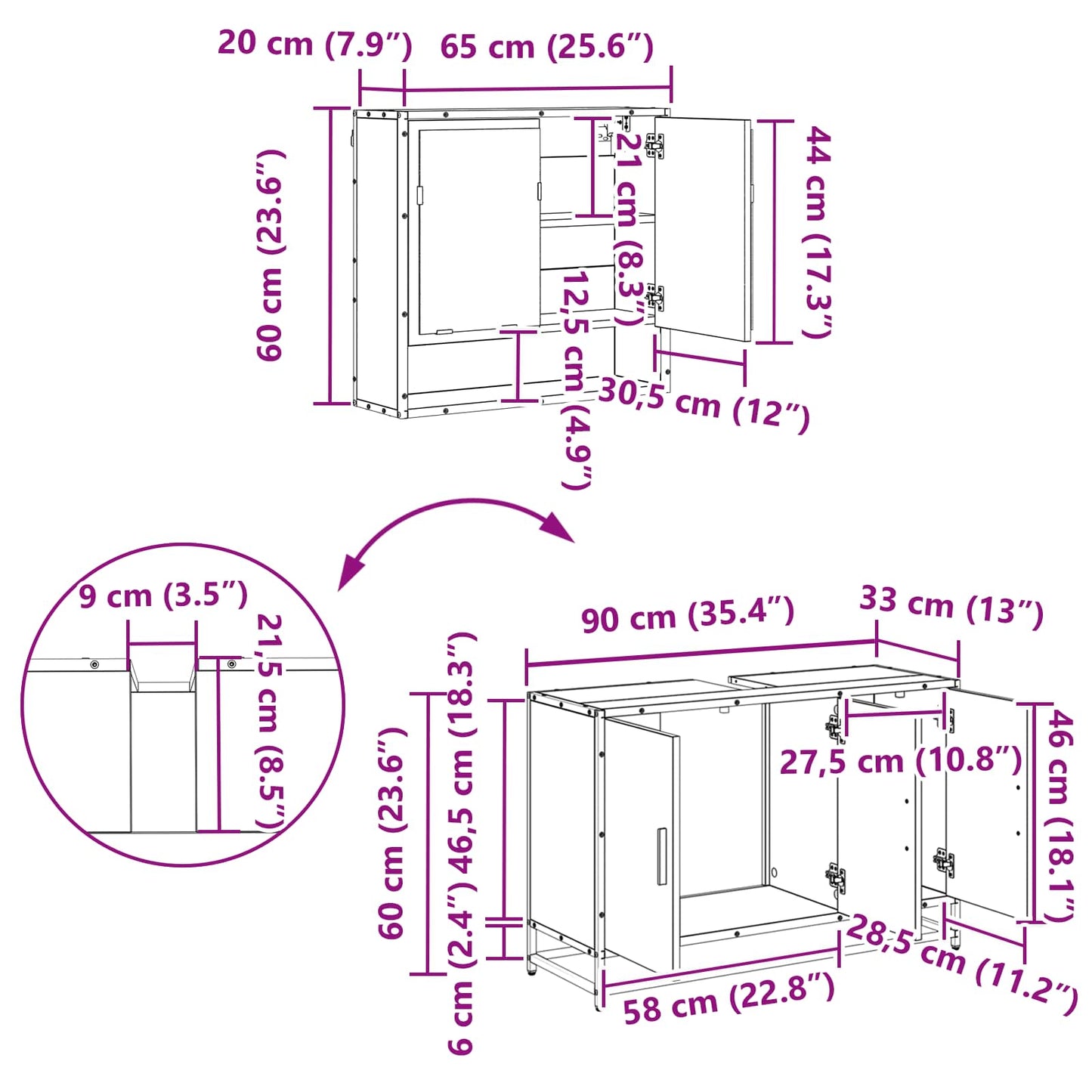 Badezimmermöbel-Set 2 stk. Schwarz Eichen-Optik 90 x 33 x 60 cm
