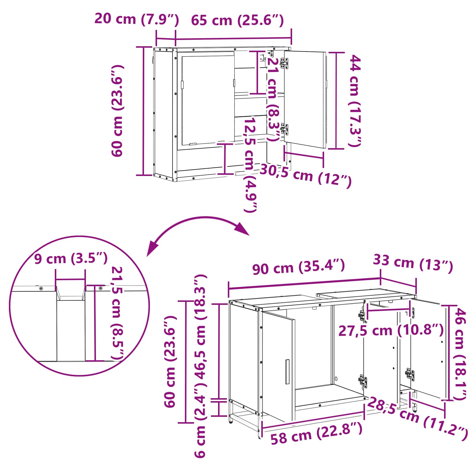 Badezimmermöbel-Set 2 stk. Schwarz Eichen-Optik 90 x 33 x 60 cm