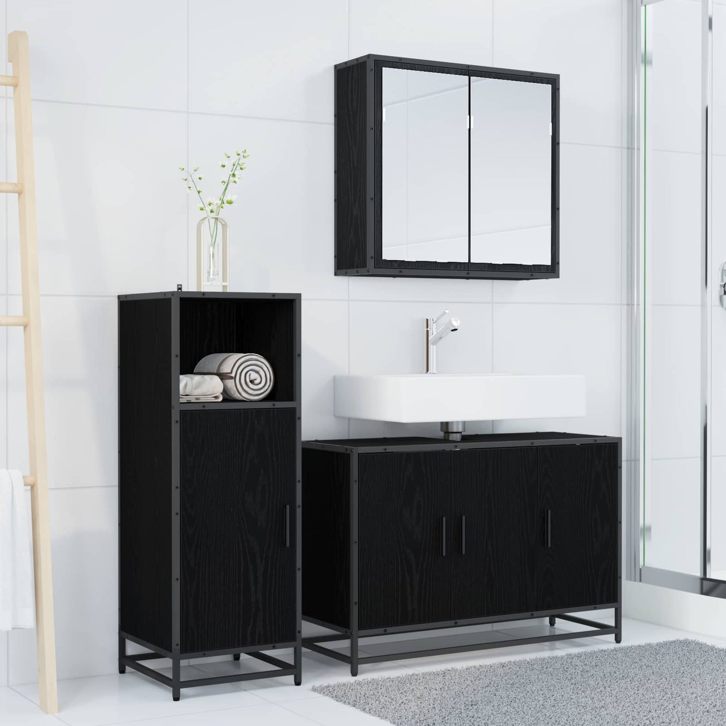 Badezimmermöbel-Set 3 stk. Schwarz Eichen-Optik 90 x 33 x 60 cm
