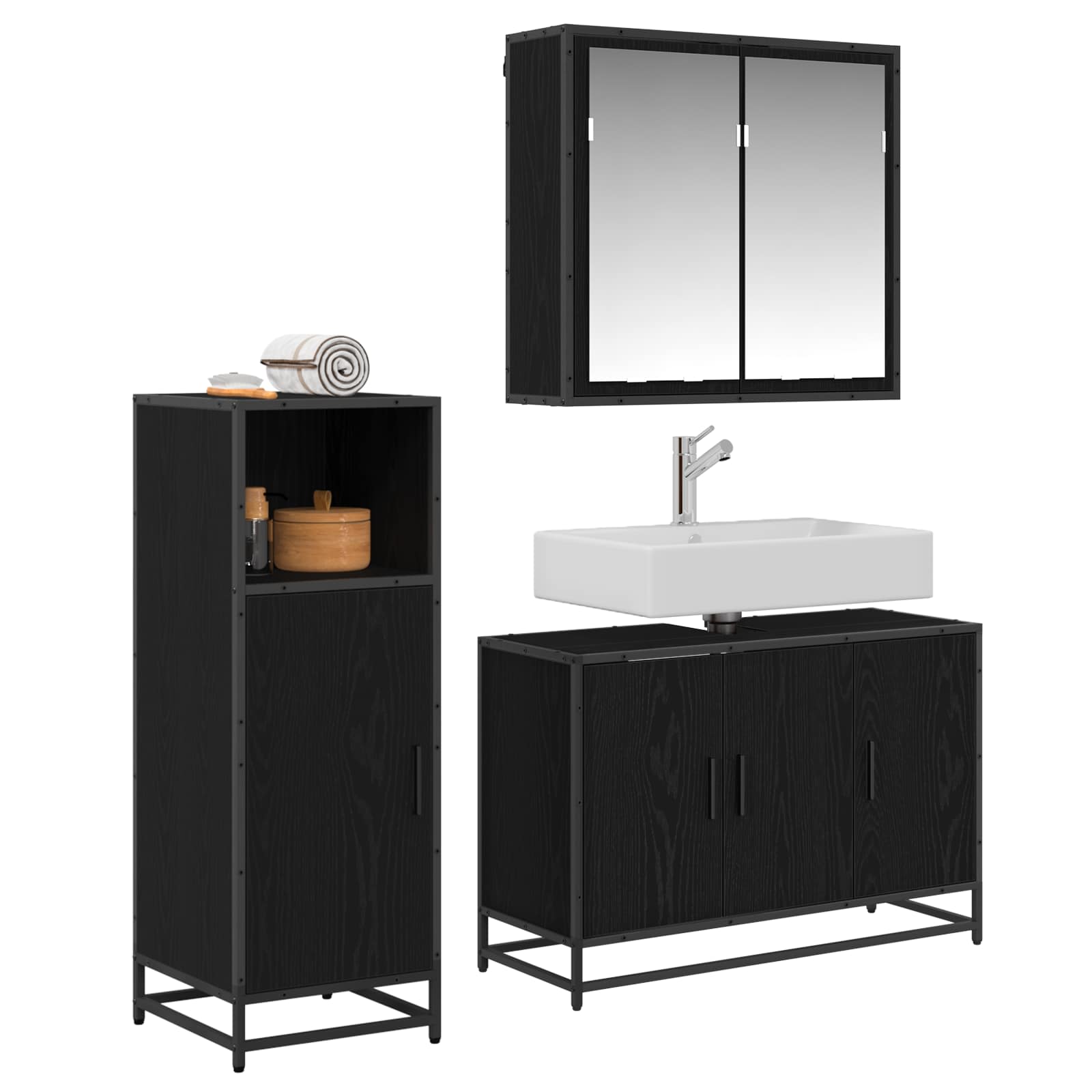 Badezimmermöbel-Set 3 stk. Schwarz Eichen-Optik 90 x 33 x 60 cm