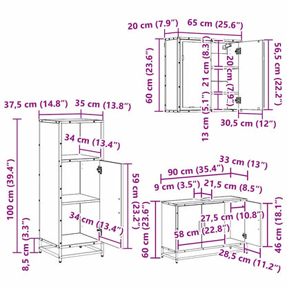 Badezimmermöbel-Set 3 stk. Schwarz Eichen-Optik 90 x 33 x 60 cm