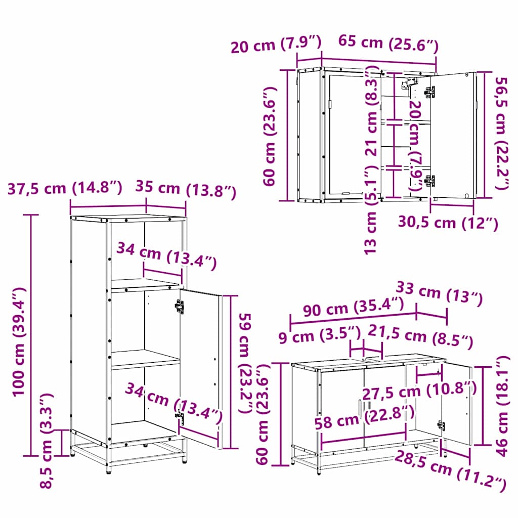 Badezimmermöbel-Set 3 stk. Schwarz Eichen-Optik 90 x 33 x 60 cm