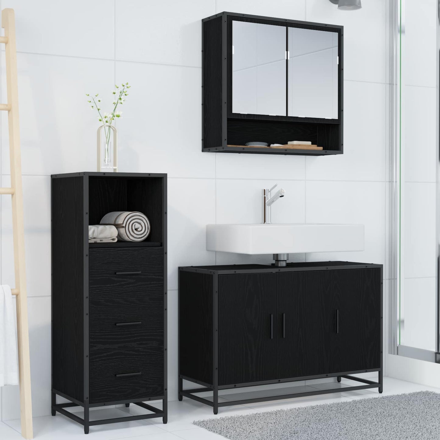 Badezimmermöbel-Set 3 Stk. Schwarz Eichen-Optik Holzwerkstoff