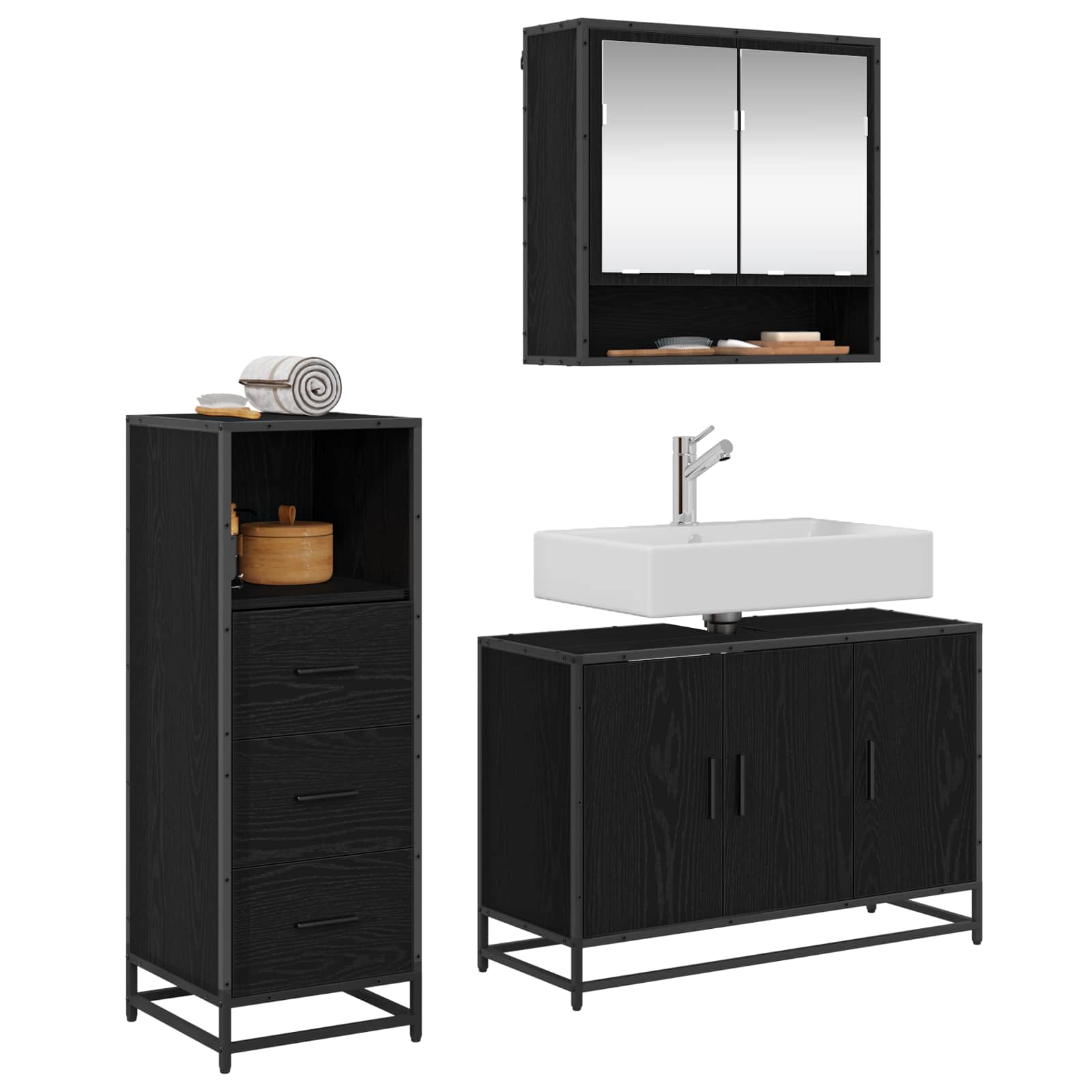 Badezimmermöbel-Set 3 Stk. Schwarz Eichen-Optik Holzwerkstoff
